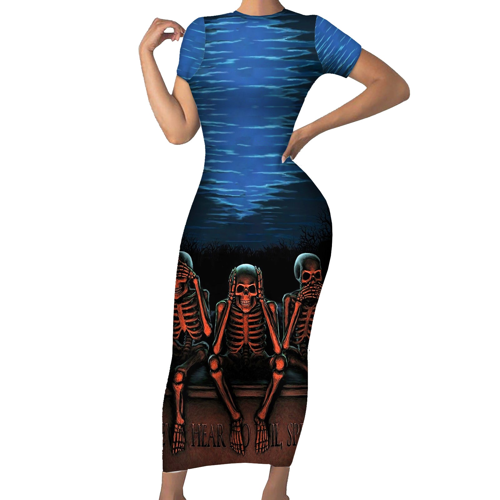 skull-short-sleeve-bodycon-dress-three-skeleton-no-see-no-speak-no-hear