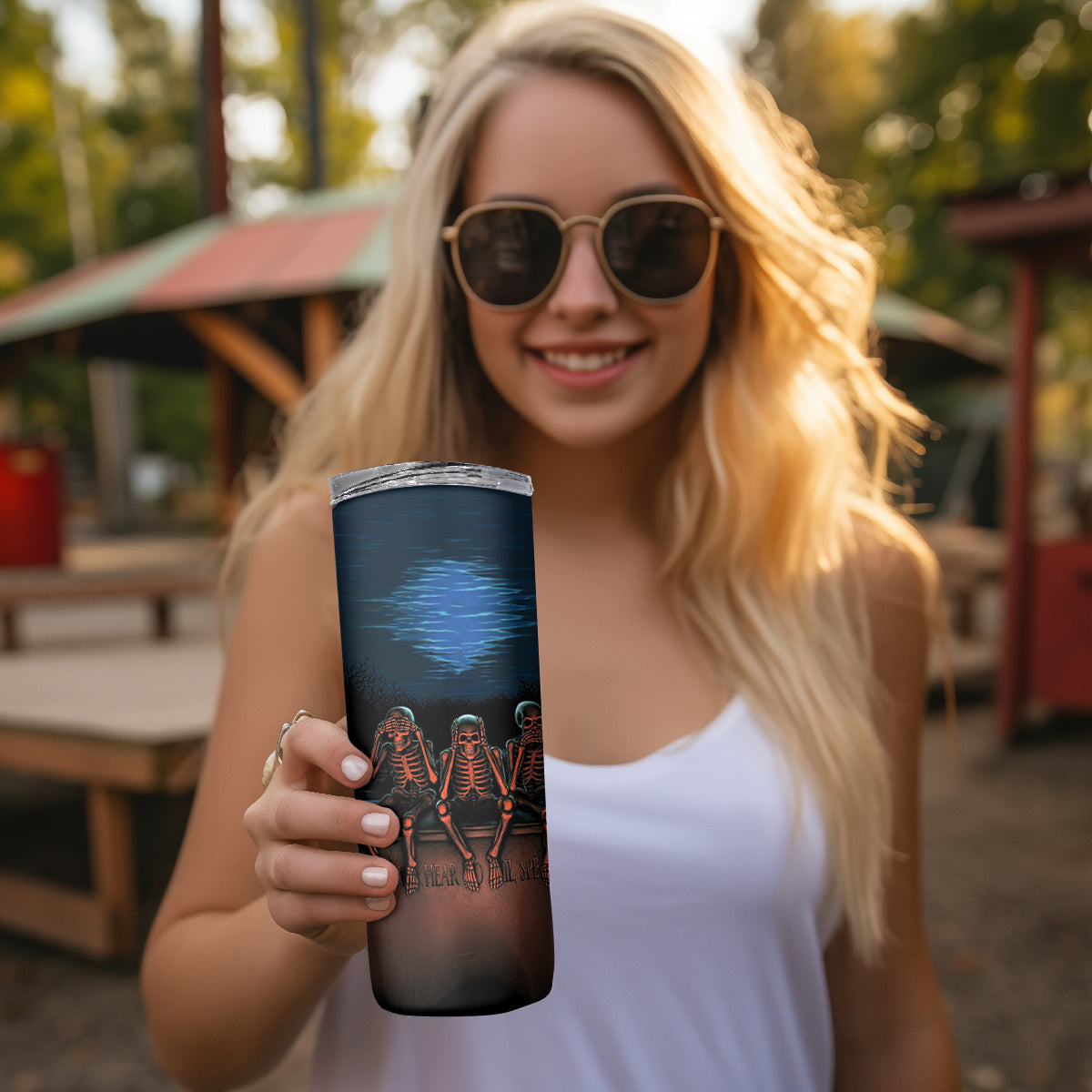 Skull Skinny Tumbler Three Skeleton No See No Speak No Hear