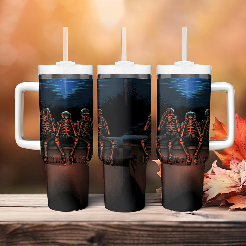 Skull Tumbler With Handle Three Skeleton No See No Speak No Hear