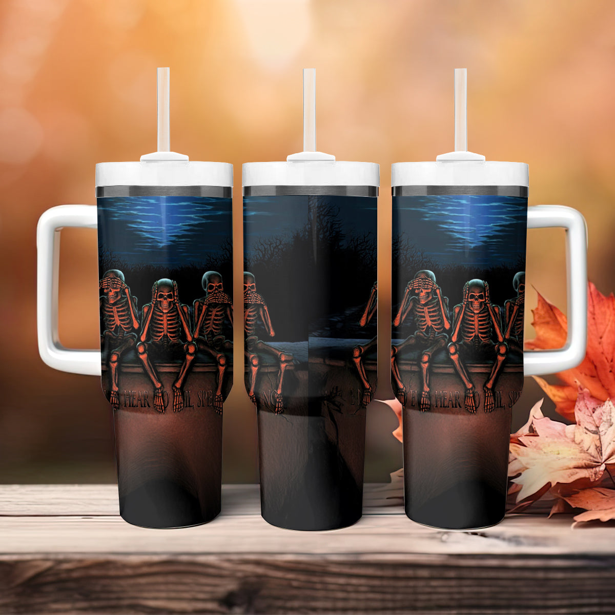 Skull Tumbler With Handle Three Skeleton No See No Speak No Hear
