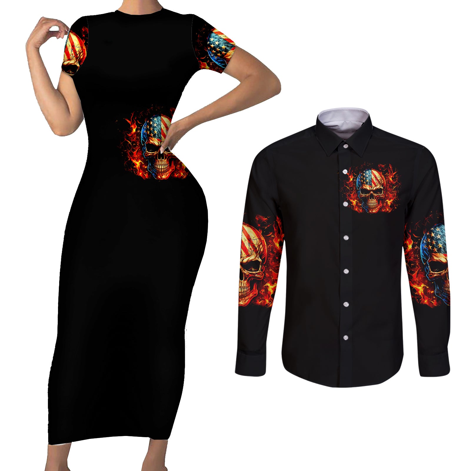 fire-skull-couples-matching-short-sleeve-bodycon-dress-and-long-sleeve-button-shirts-my-demon-hide-inside-my-head