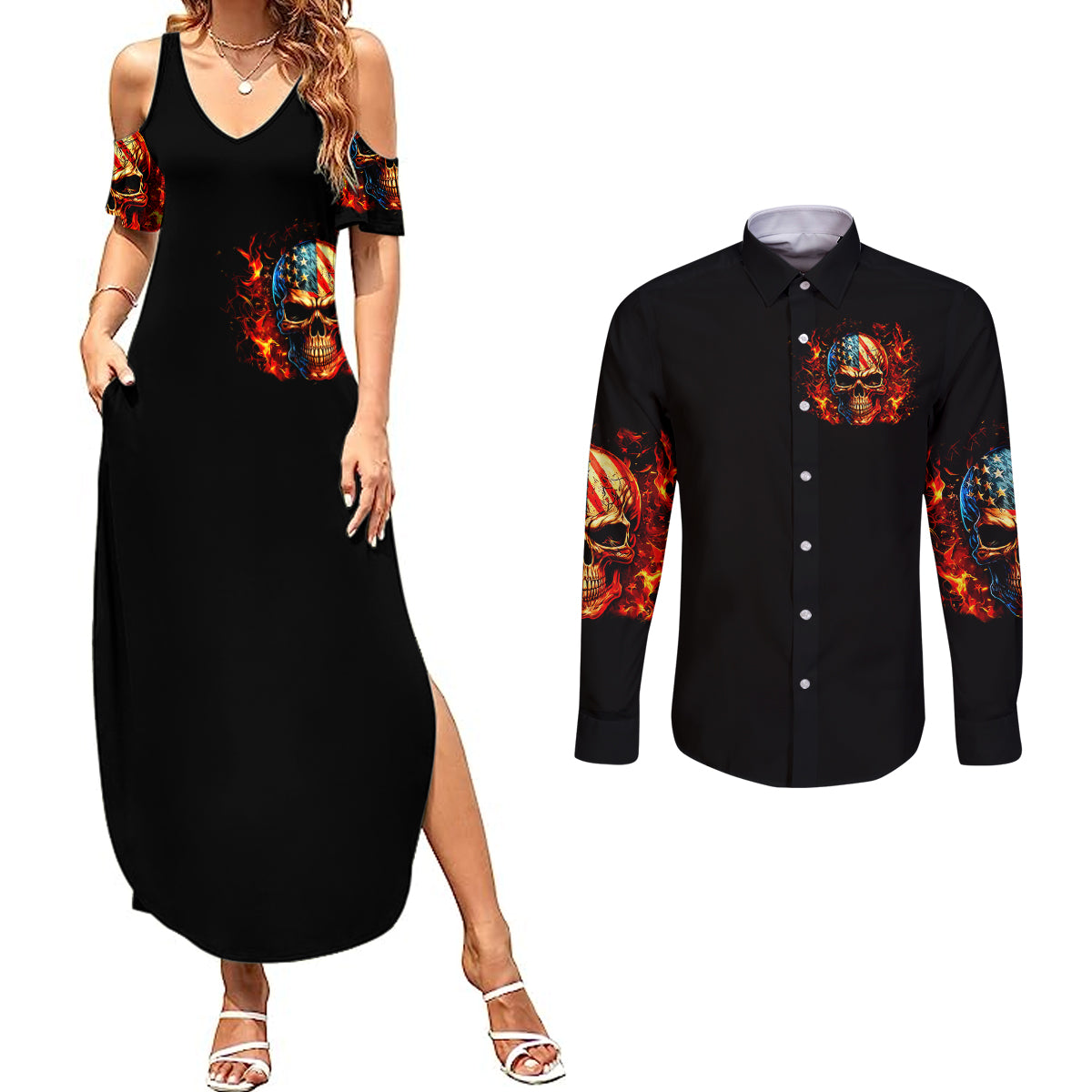fire-skull-couples-matching-summer-maxi-dress-and-long-sleeve-button-shirts-my-demon-hide-inside-my-head