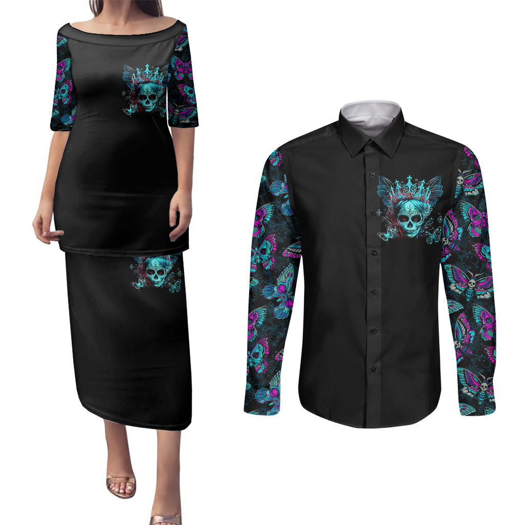 da-de-los-muertos-skull-couples-matching-puletasi-dress-and-long-sleeve-button-shirts-im-not-a-princess-im-the-queen