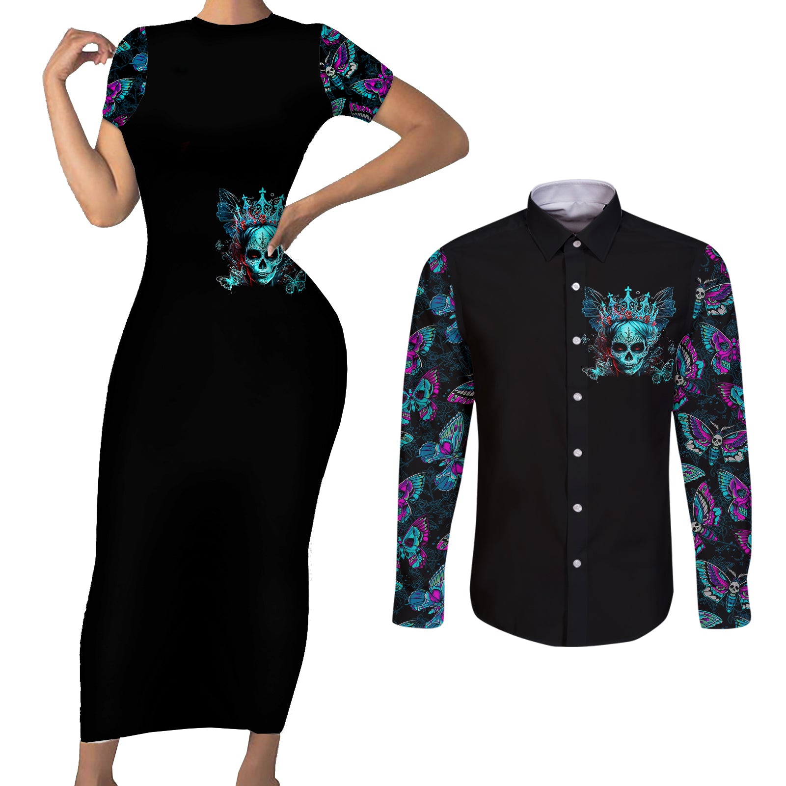 da-de-los-muertos-skull-couples-matching-short-sleeve-bodycon-dress-and-long-sleeve-button-shirts-im-not-a-princess-im-the-queen
