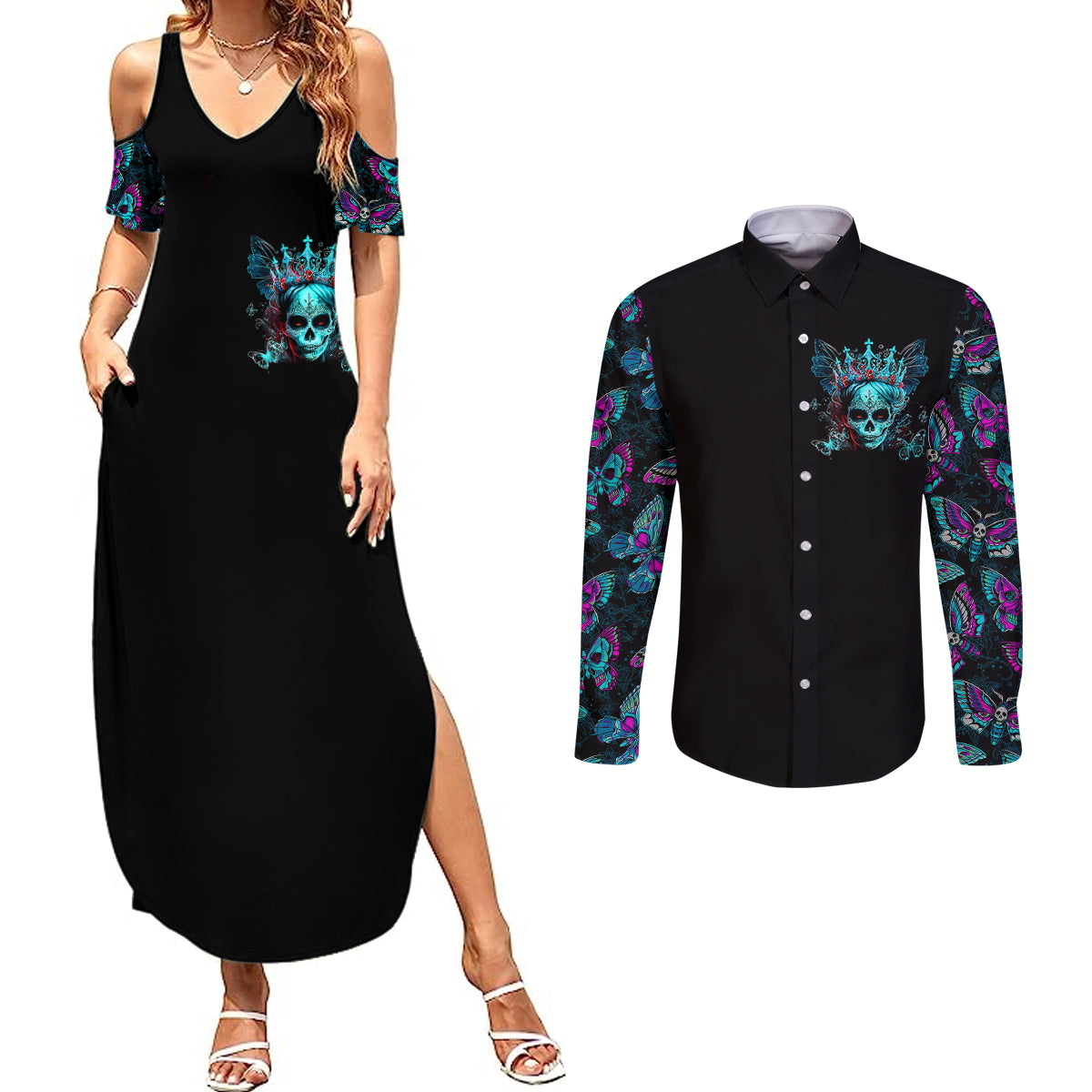 da-de-los-muertos-skull-couples-matching-summer-maxi-dress-and-long-sleeve-button-shirts-im-not-a-princess-im-the-queen