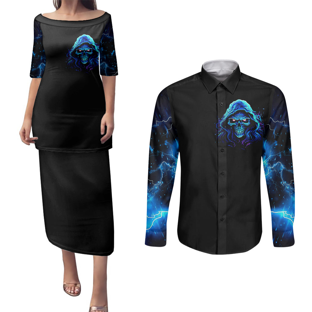blue-flame-skull-couples-matching-puletasi-dress-and-long-sleeve-button-shirts-blood-make-you-related