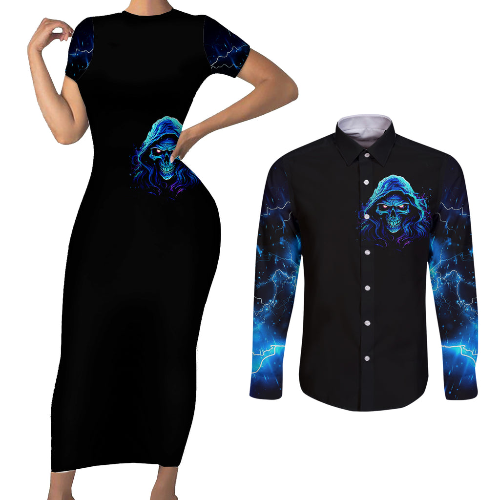 blue-flame-skull-couples-matching-short-sleeve-bodycon-dress-and-long-sleeve-button-shirts-blood-make-you-related