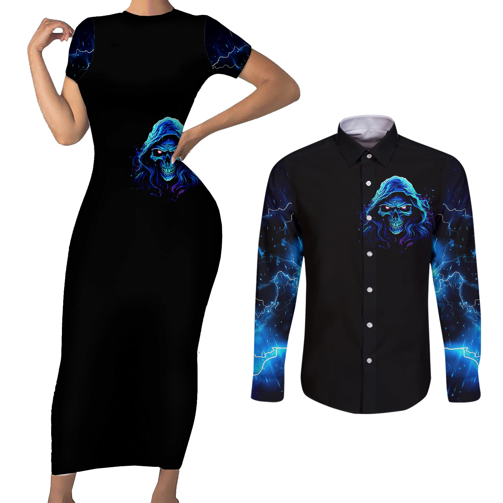 blue-flame-skull-couples-matching-short-sleeve-bodycon-dress-and-long-sleeve-button-shirts-blood-make-you-related
