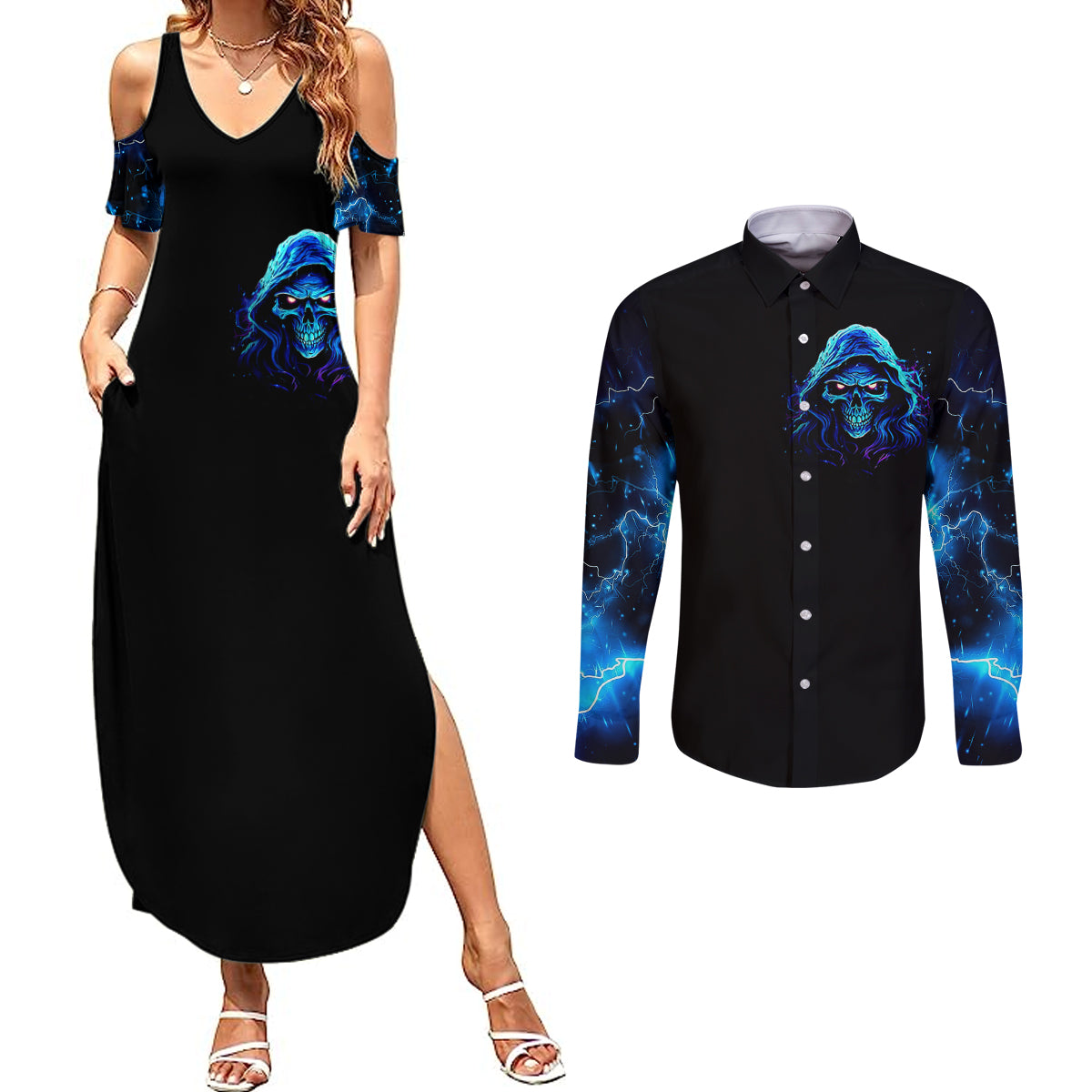 blue-flame-skull-couples-matching-summer-maxi-dress-and-long-sleeve-button-shirts-blood-make-you-related