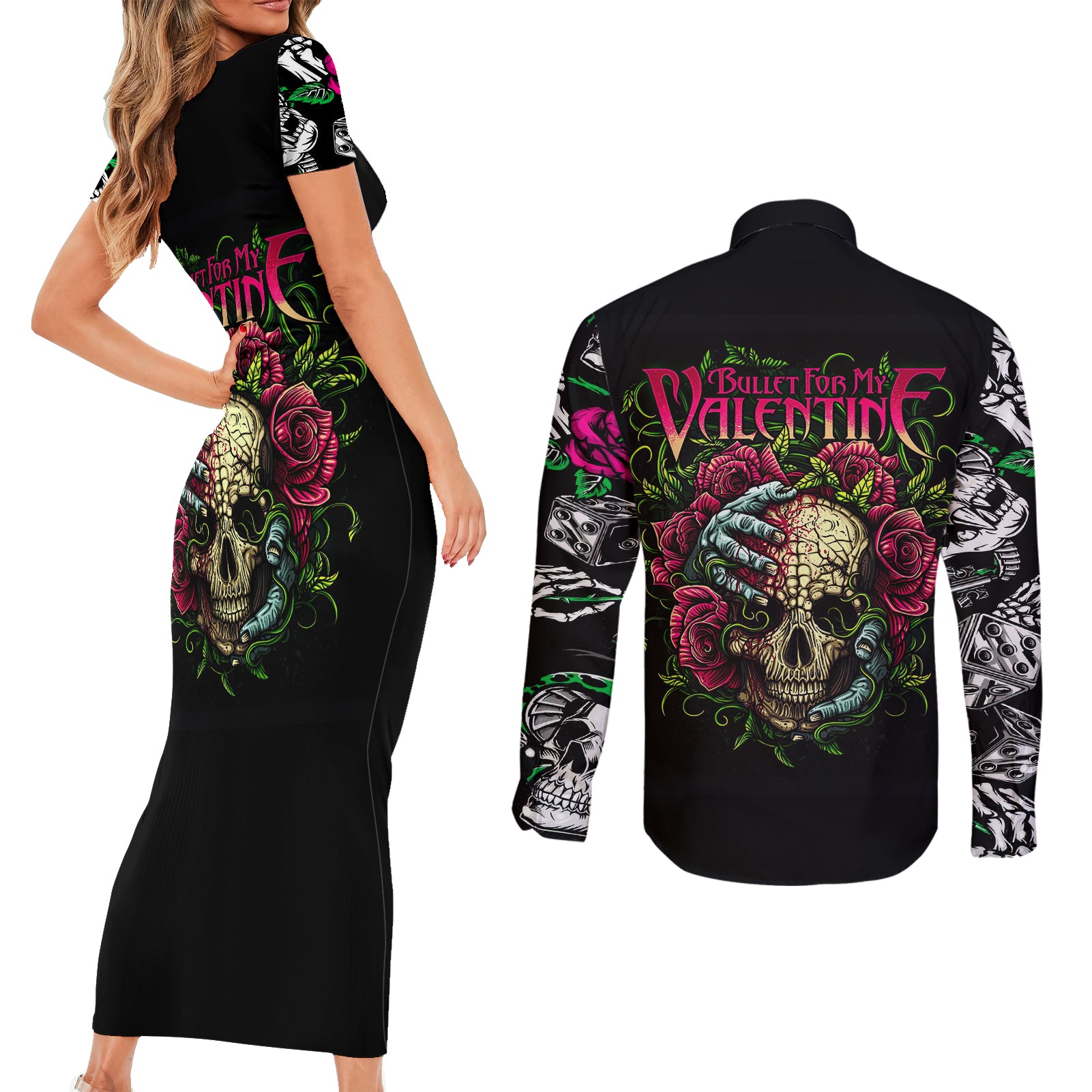 viper-skull-couples-matching-short-sleeve-bodycon-dress-and-long-sleeve-button-shirts-bullet-for-my-valentine