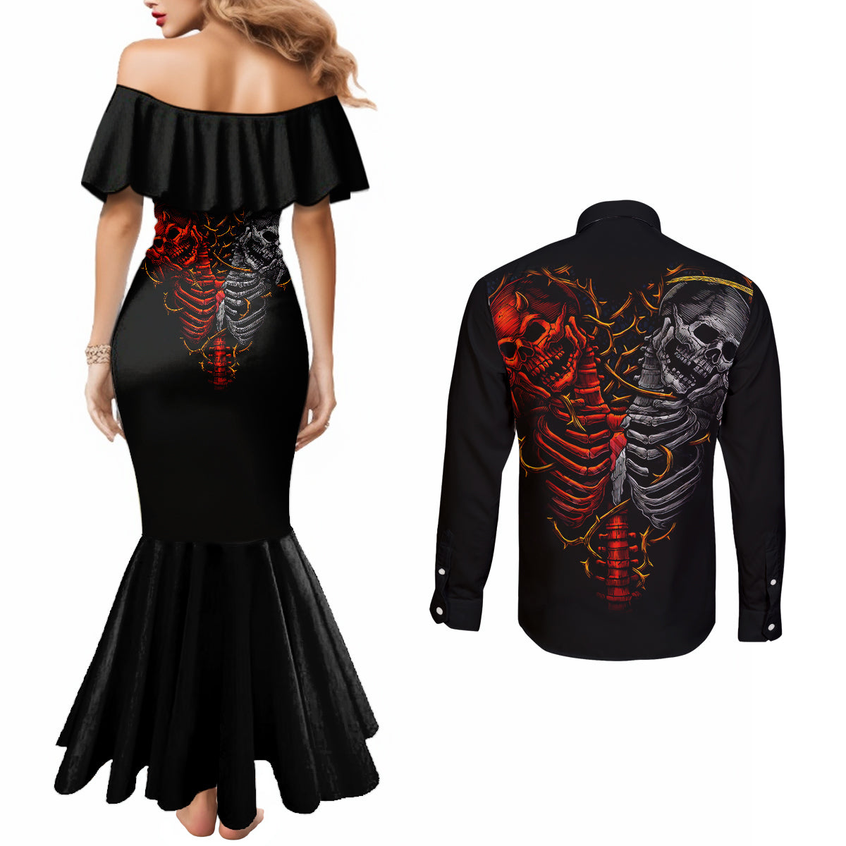 skull-couples-matching-mermaid-dress-and-long-sleeve-button-shirts-devil-and-angel-twin-skull