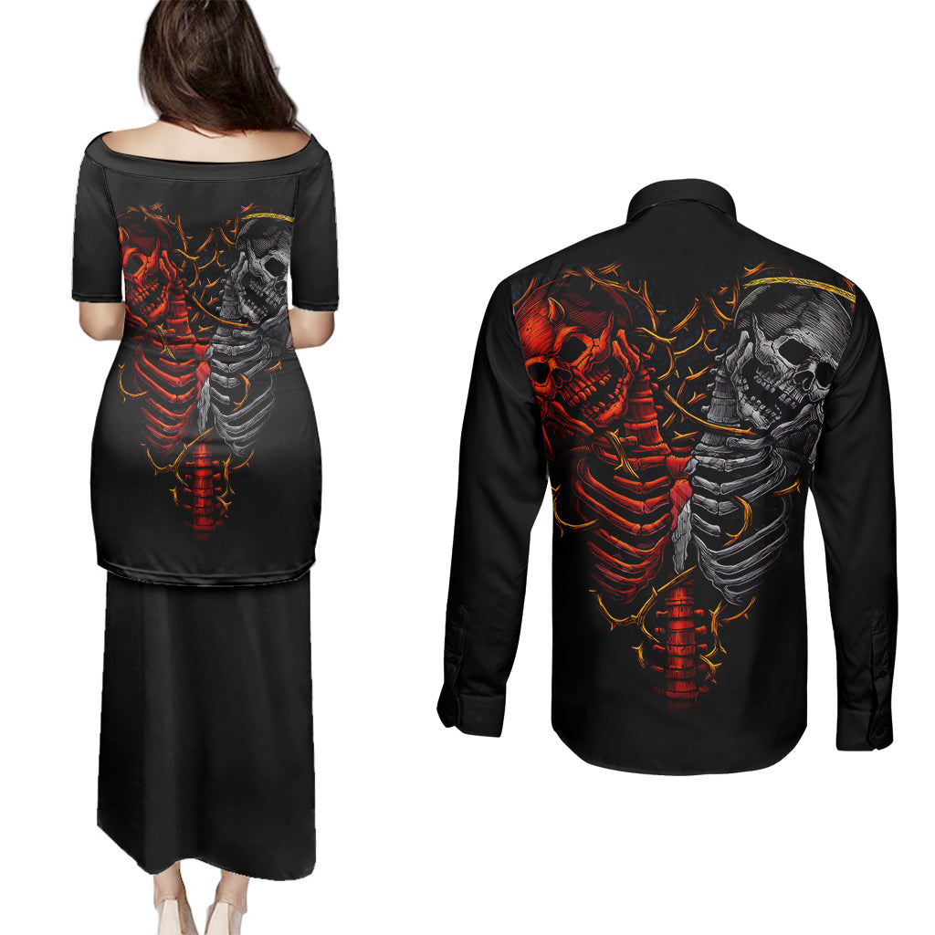 skull-couples-matching-puletasi-dress-and-long-sleeve-button-shirts-devil-and-angel-twin-skull