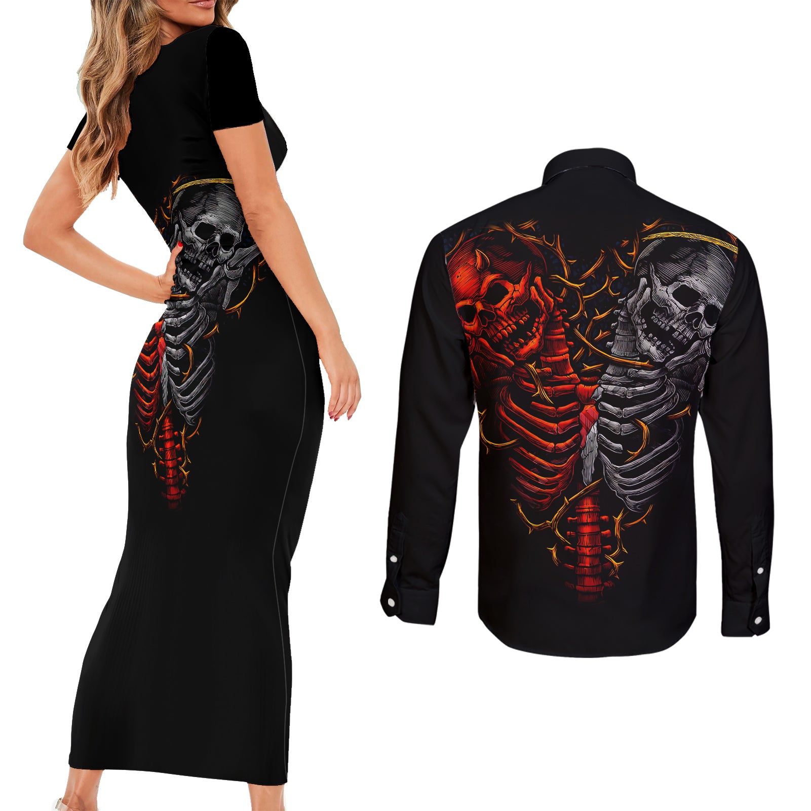 skull-couples-matching-short-sleeve-bodycon-dress-and-long-sleeve-button-shirts-devil-and-angel-twin-skull
