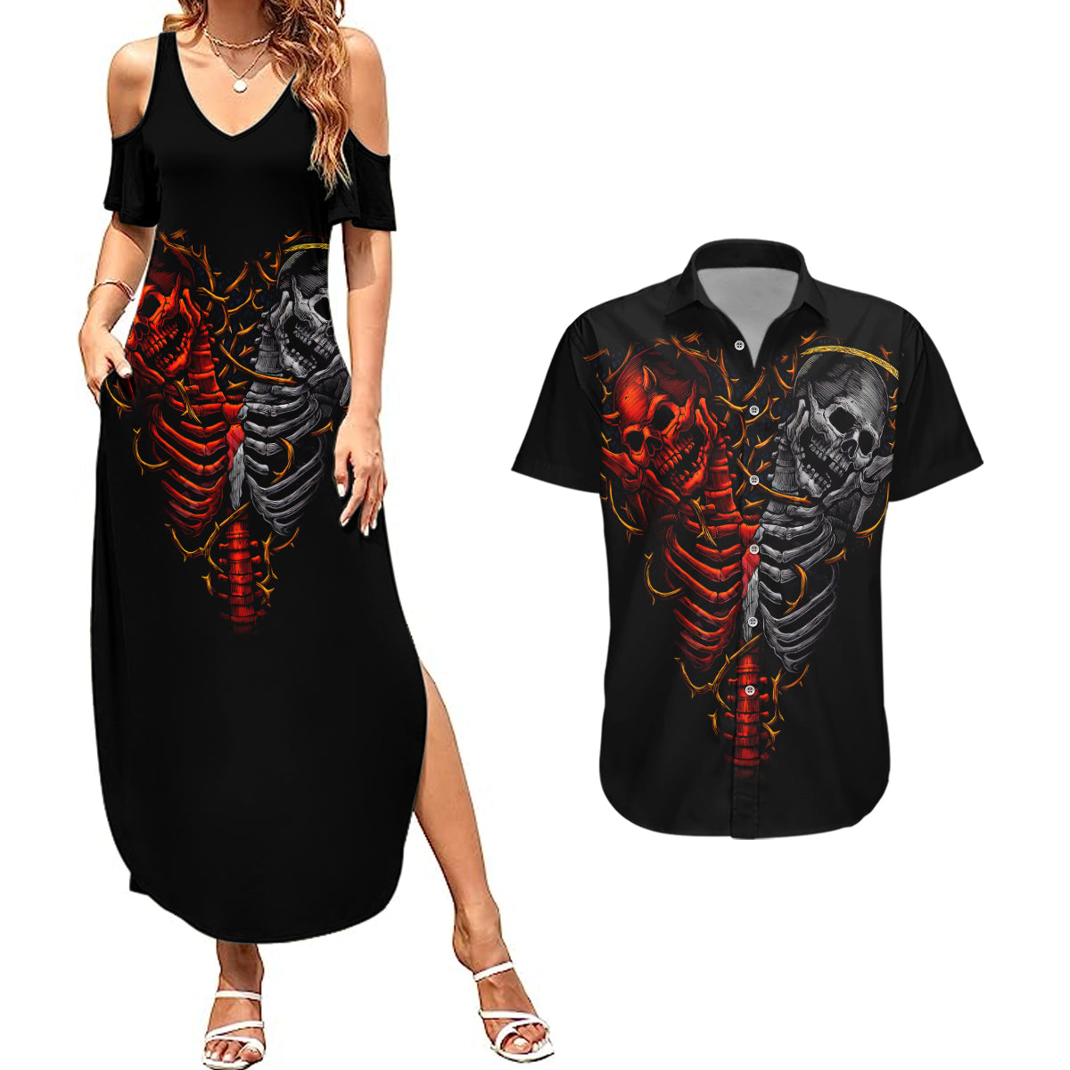 skull-couples-matching-summer-maxi-dress-and-hawaiian-shirt-devil-and-angel-twin-skull