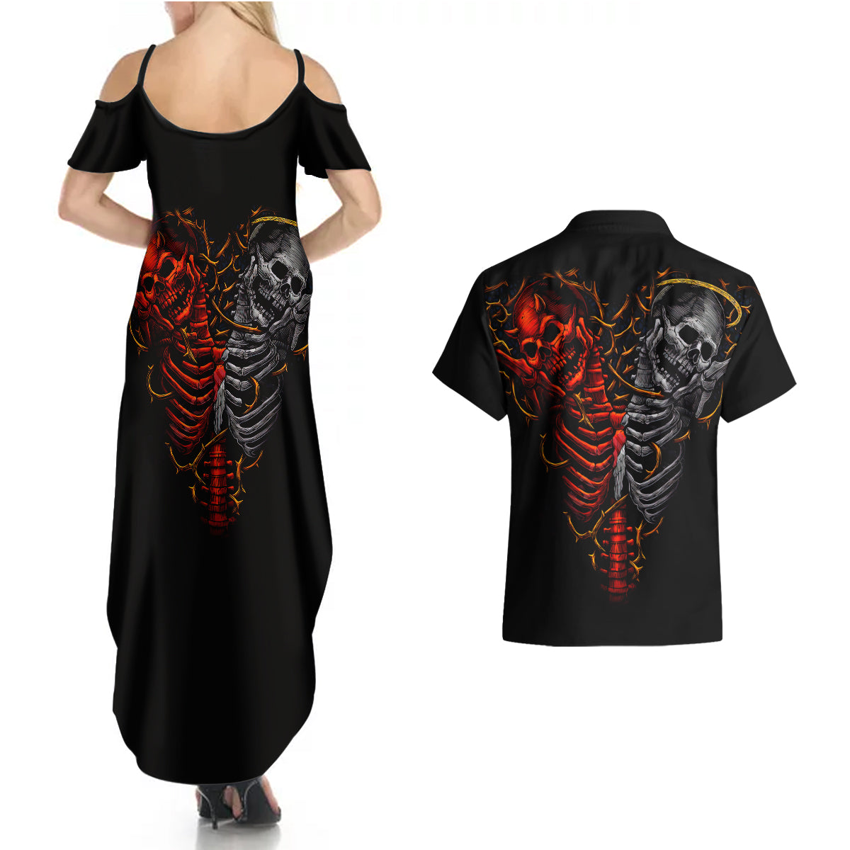 skull-couples-matching-summer-maxi-dress-and-hawaiian-shirt-devil-and-angel-twin-skull