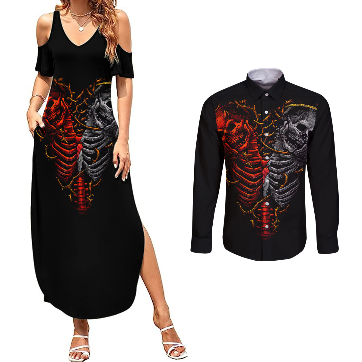 skull-couples-matching-summer-maxi-dress-and-long-sleeve-button-shirts-devil-and-angel-twin-skull