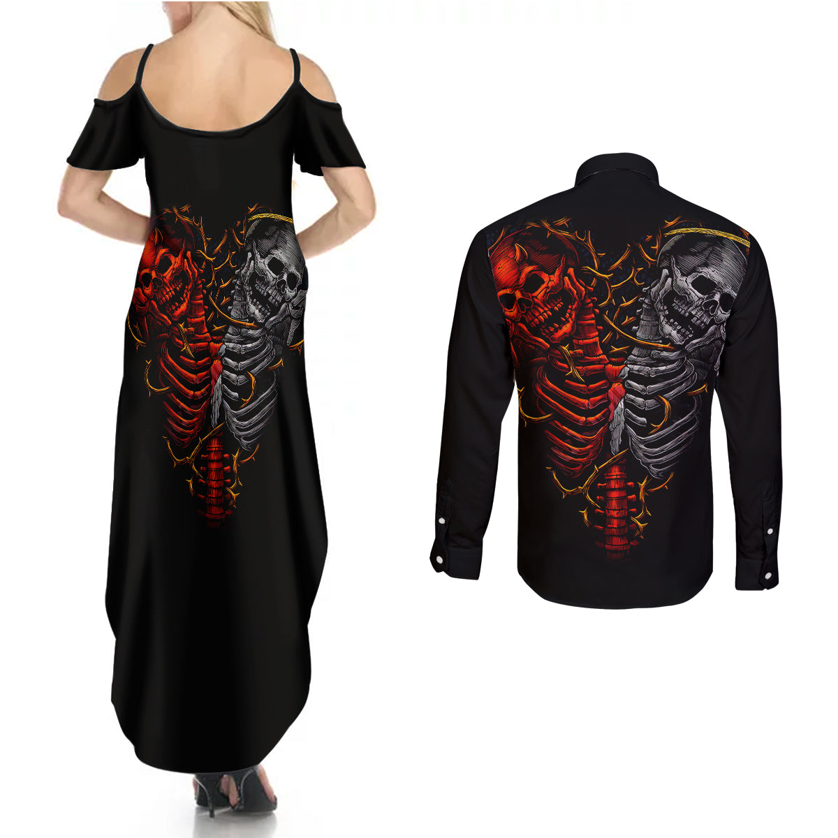 skull-couples-matching-summer-maxi-dress-and-long-sleeve-button-shirts-devil-and-angel-twin-skull