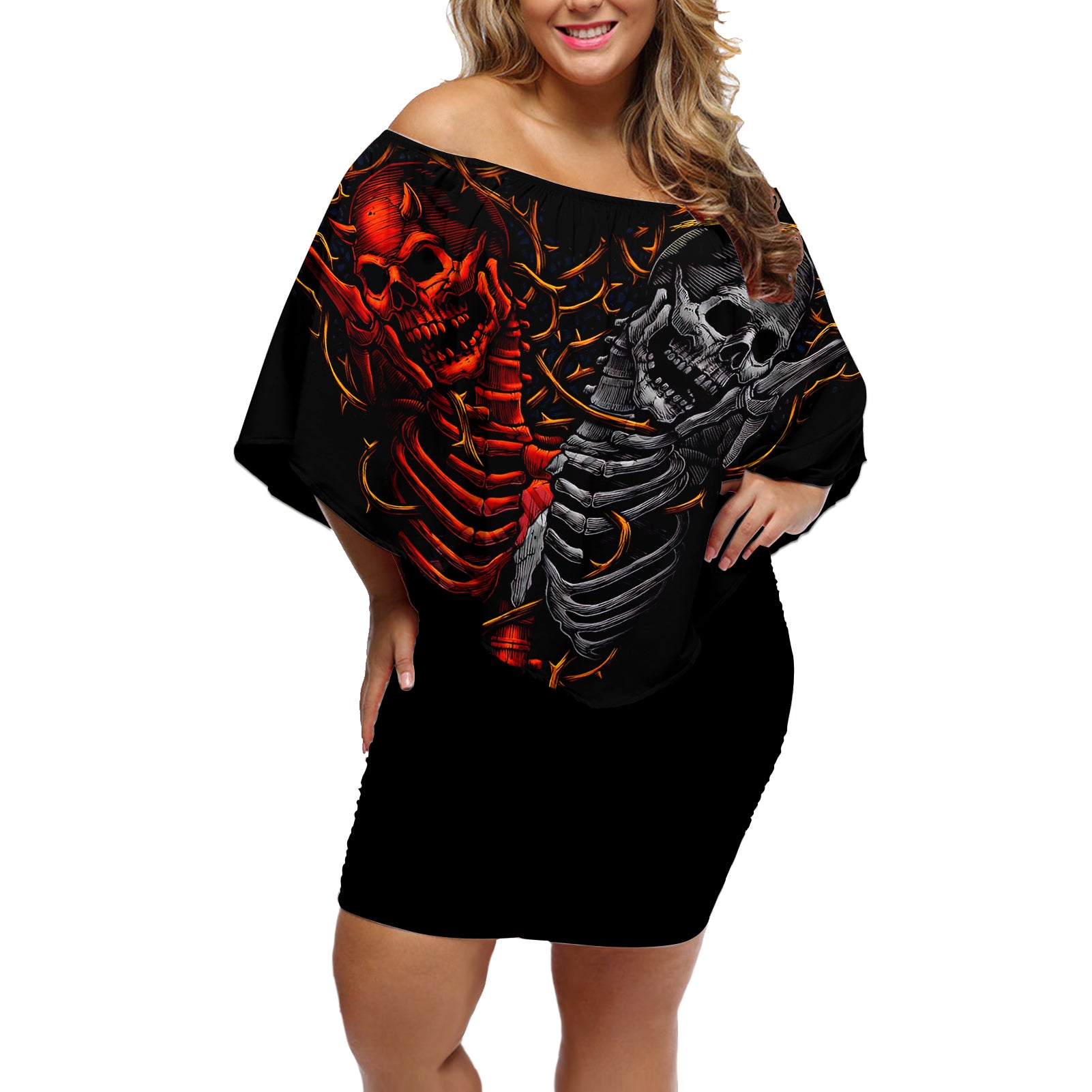 skull-off-shoulder-short-dress-devil-and-angel-twin-skull