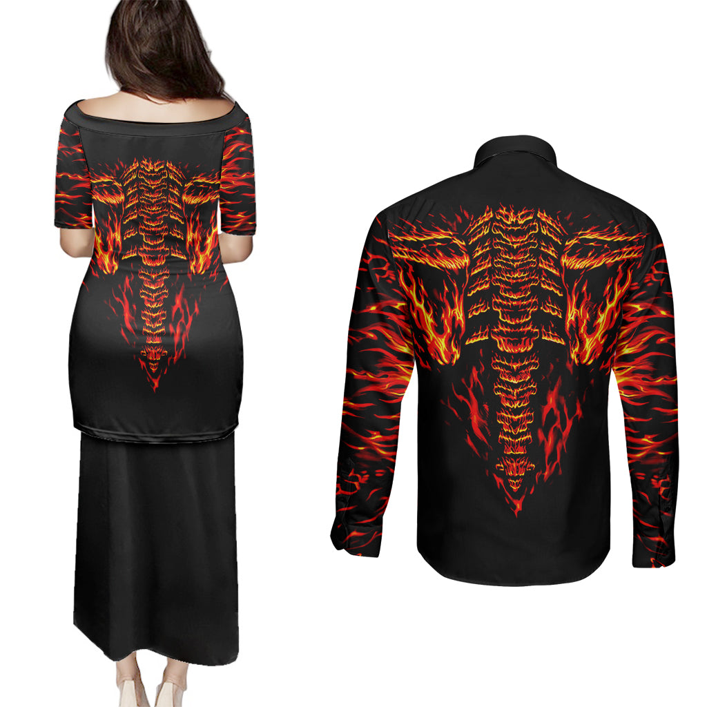 flame-skull-couples-matching-puletasi-dress-and-long-sleeve-button-shirts-skull-face-inside-me
