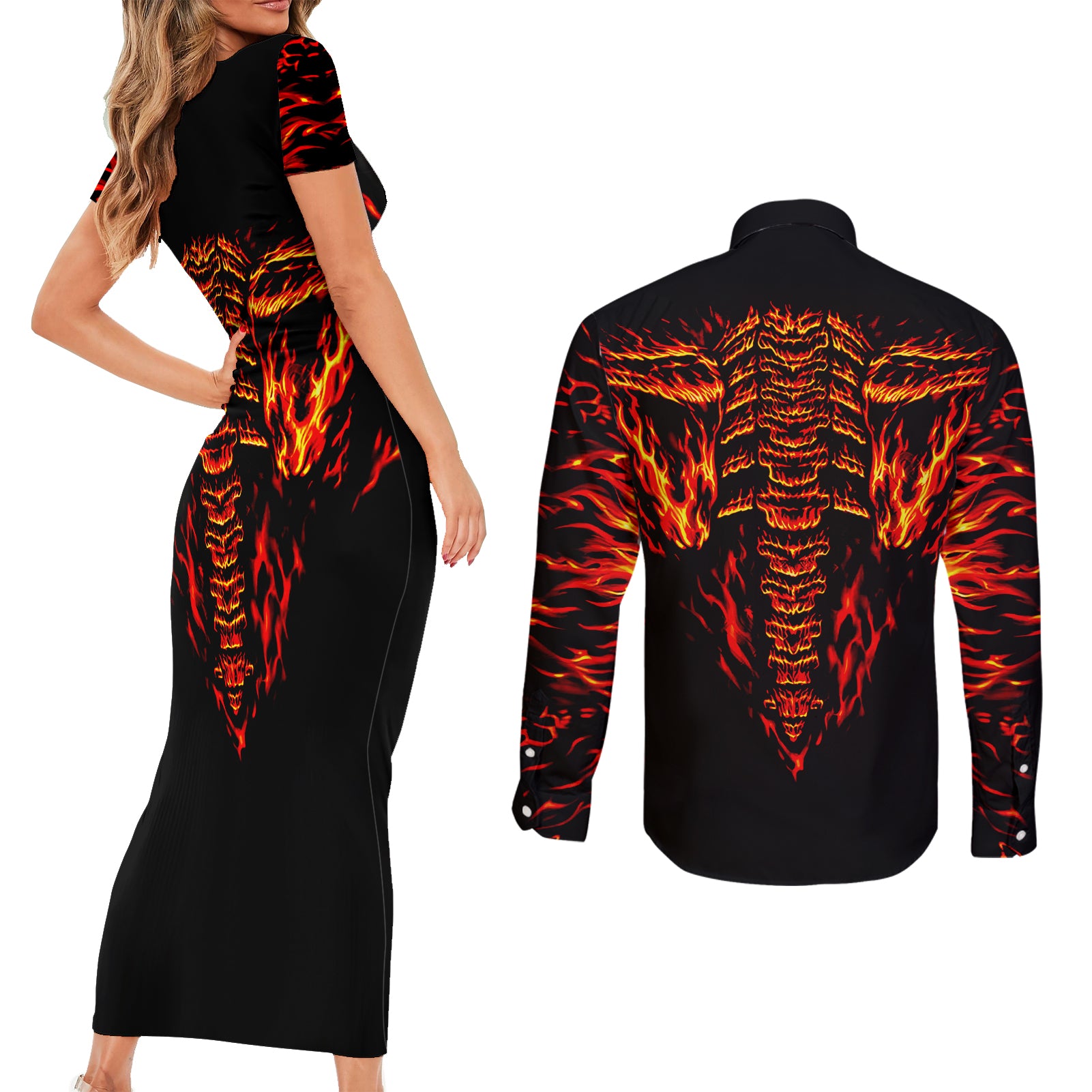 flame-skull-couples-matching-short-sleeve-bodycon-dress-and-long-sleeve-button-shirts-skull-face-inside-me