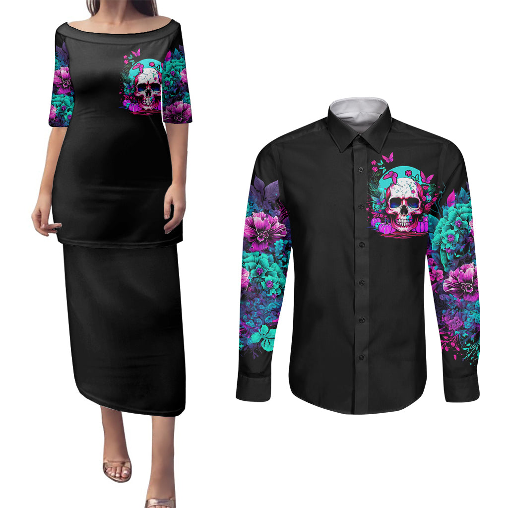 skull-couples-matching-puletasi-dress-and-long-sleeve-button-shirts-hello-darkness-my-old-friend-pinky