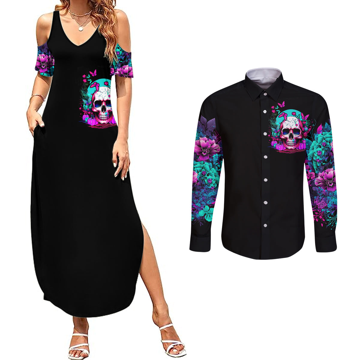 skull-couples-matching-summer-maxi-dress-and-long-sleeve-button-shirts-hello-darkness-my-old-friend-pinky