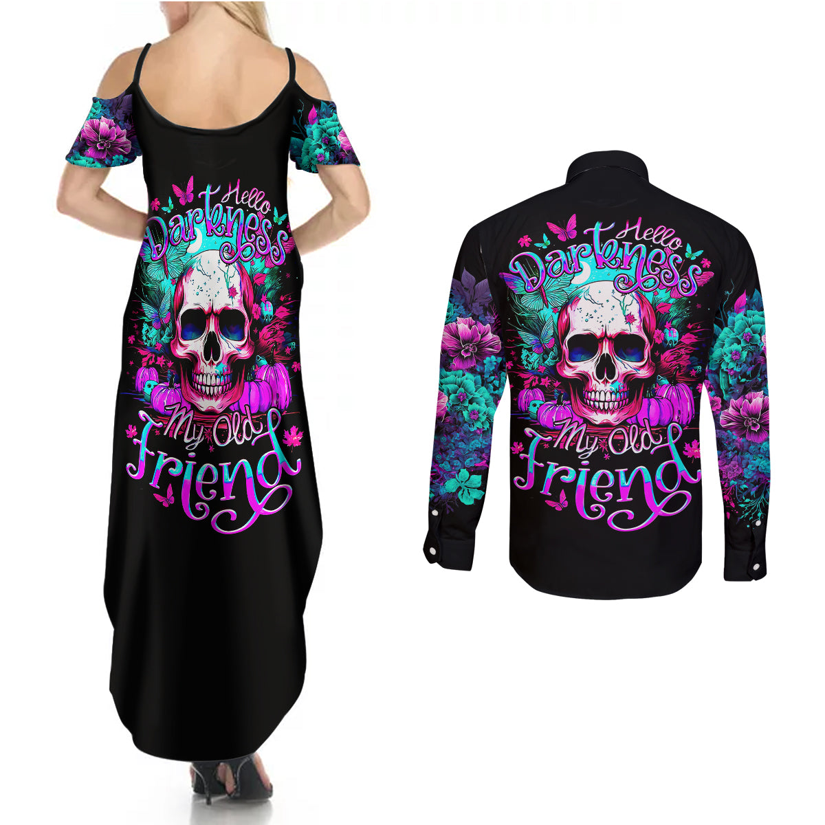 skull-couples-matching-summer-maxi-dress-and-long-sleeve-button-shirts-hello-darkness-my-old-friend-pinky