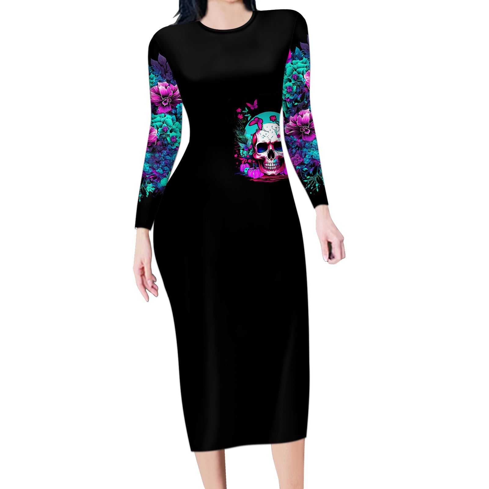 skull-long-sleeve-bodycon-dress-hello-darkness-my-old-friend-pinky