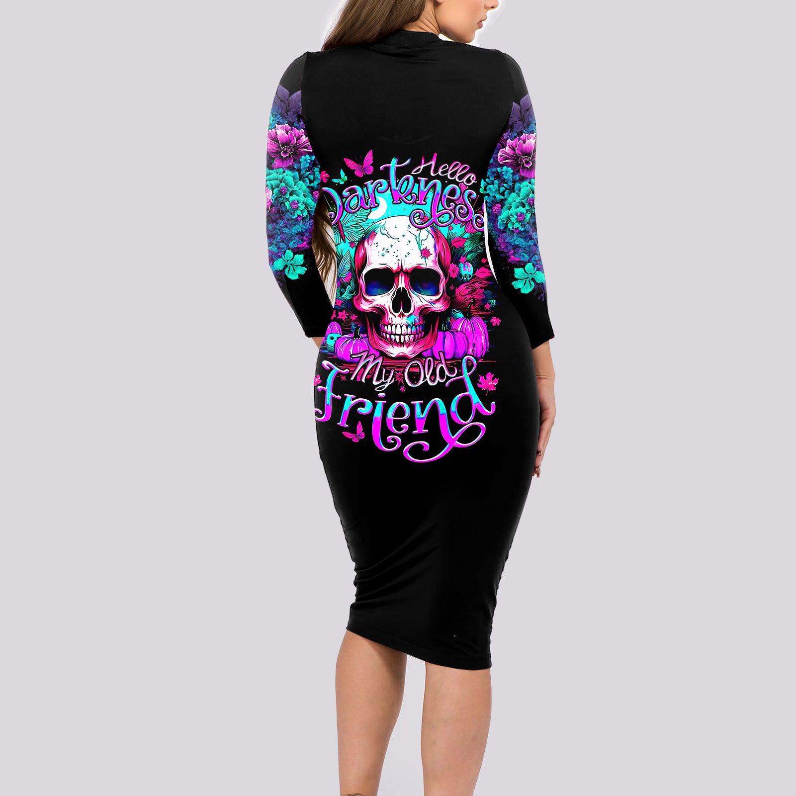 skull-long-sleeve-bodycon-dress-hello-darkness-my-old-friend-pinky