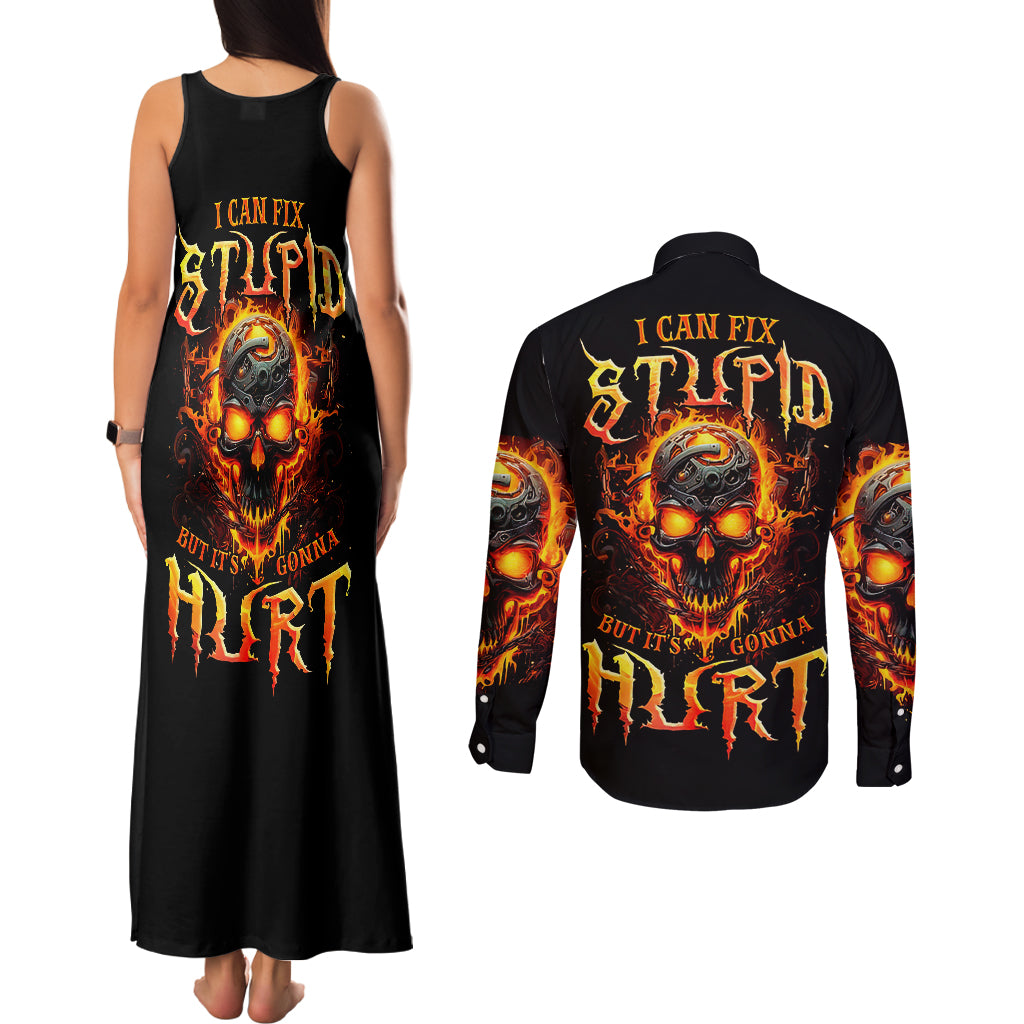 flame-skull-couples-matching-tank-maxi-dress-and-long-sleeve-button-shirts-i-can-fix-stupid-but-that-hurt