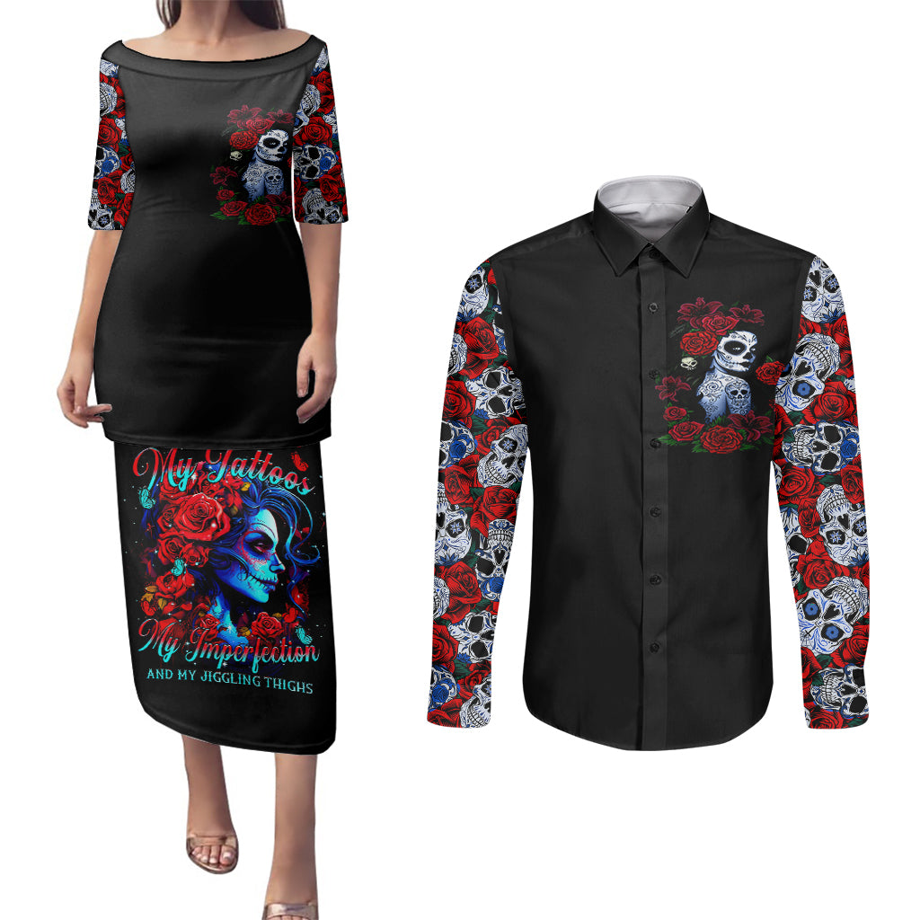 skull-rose-couples-matching-puletasi-dress-and-long-sleeve-button-shirts-i-love-my-curve-my-tattoo-my-imperfection
