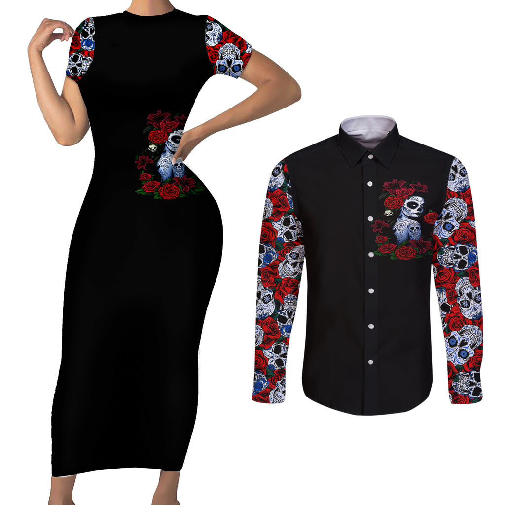 skull-rose-couples-matching-short-sleeve-bodycon-dress-and-long-sleeve-button-shirts-i-love-my-curve-my-tattoo-my-imperfection