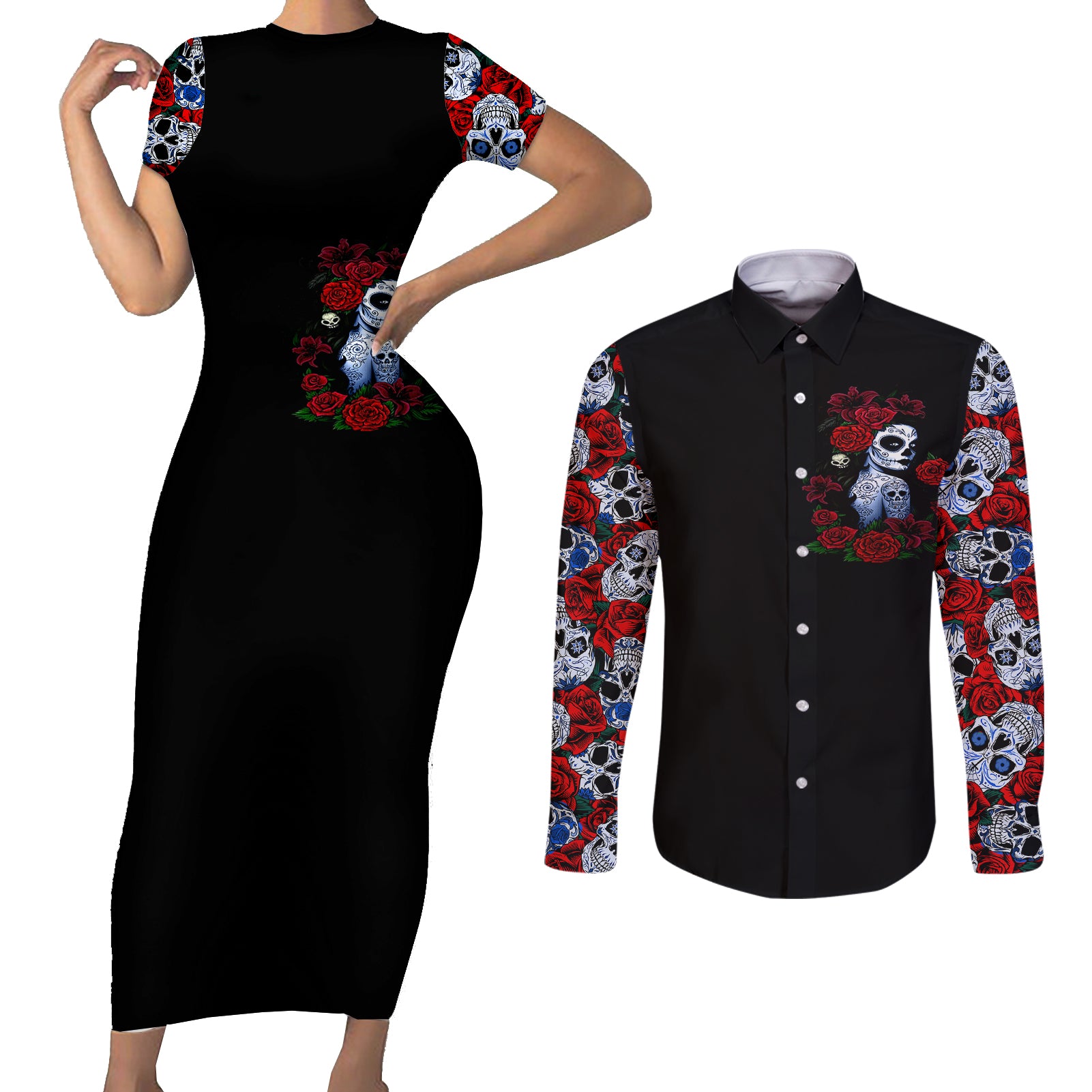 skull-rose-couples-matching-short-sleeve-bodycon-dress-and-long-sleeve-button-shirts-i-love-my-curve-my-tattoo-my-imperfection