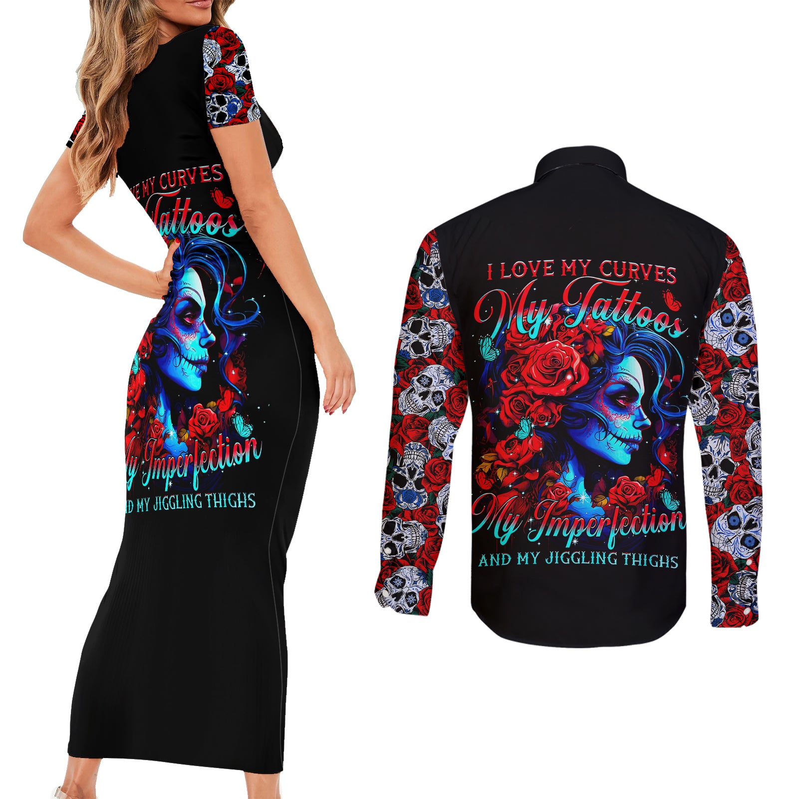 skull-rose-couples-matching-short-sleeve-bodycon-dress-and-long-sleeve-button-shirts-i-love-my-curve-my-tattoo-my-imperfection