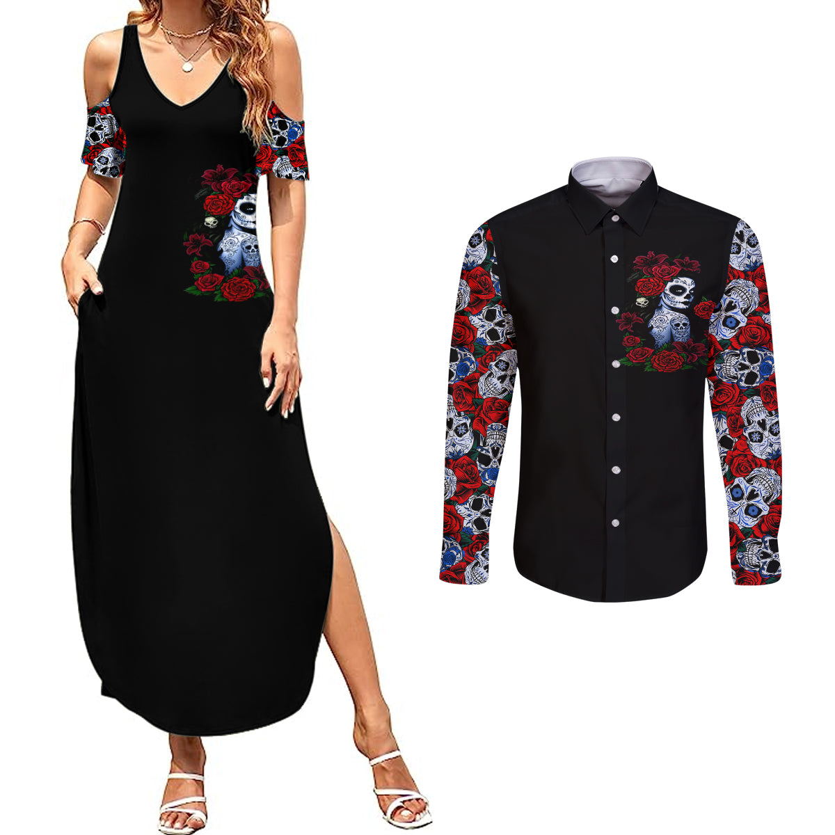 skull-rose-couples-matching-summer-maxi-dress-and-long-sleeve-button-shirts-i-love-my-curve-my-tattoo-my-imperfection