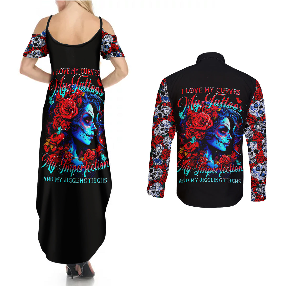 skull-rose-couples-matching-summer-maxi-dress-and-long-sleeve-button-shirts-i-love-my-curve-my-tattoo-my-imperfection