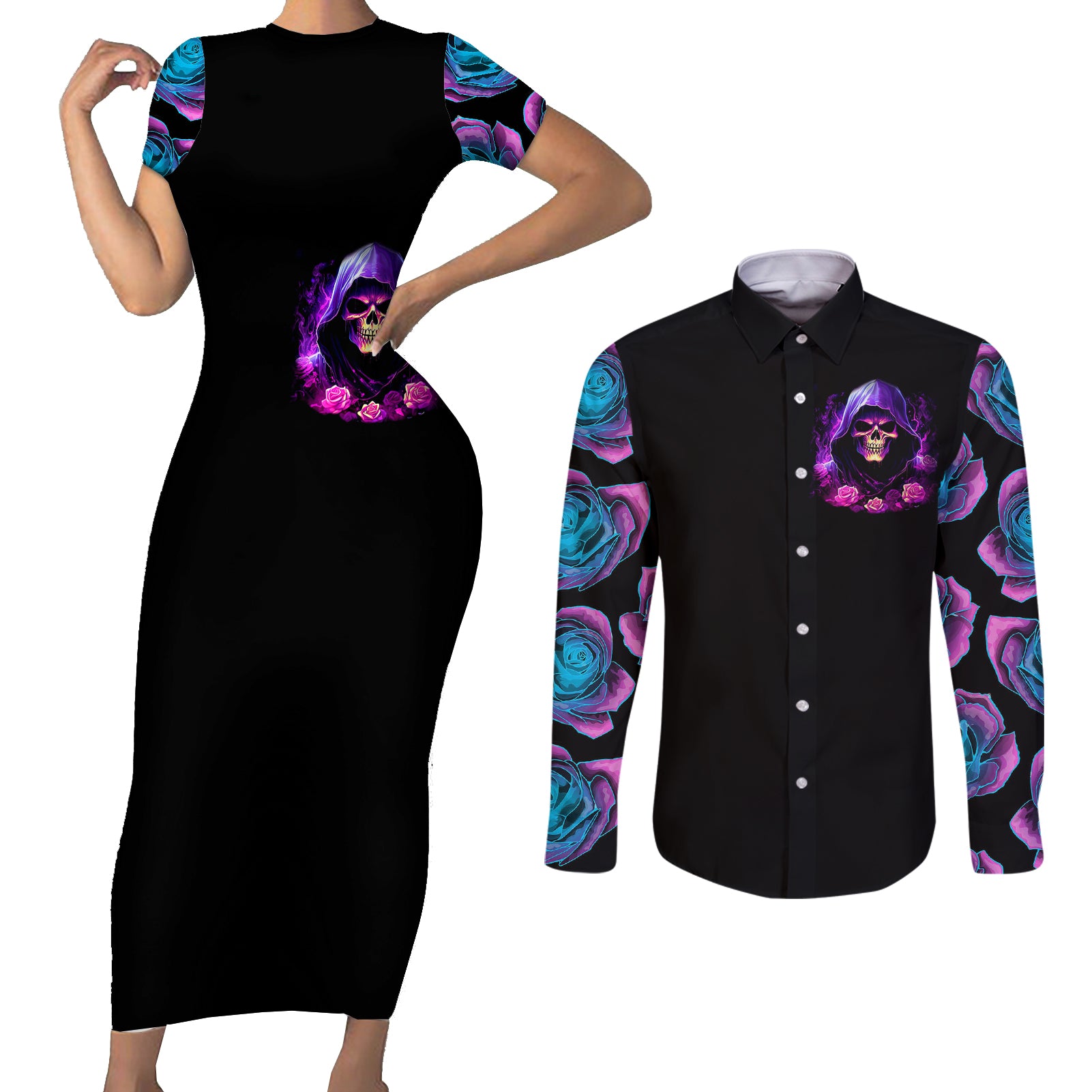 purple-skull-couples-matching-short-sleeve-bodycon-dress-and-long-sleeve-button-shirts-i-talk-i-smile-but-be-carefull-when-i-silent