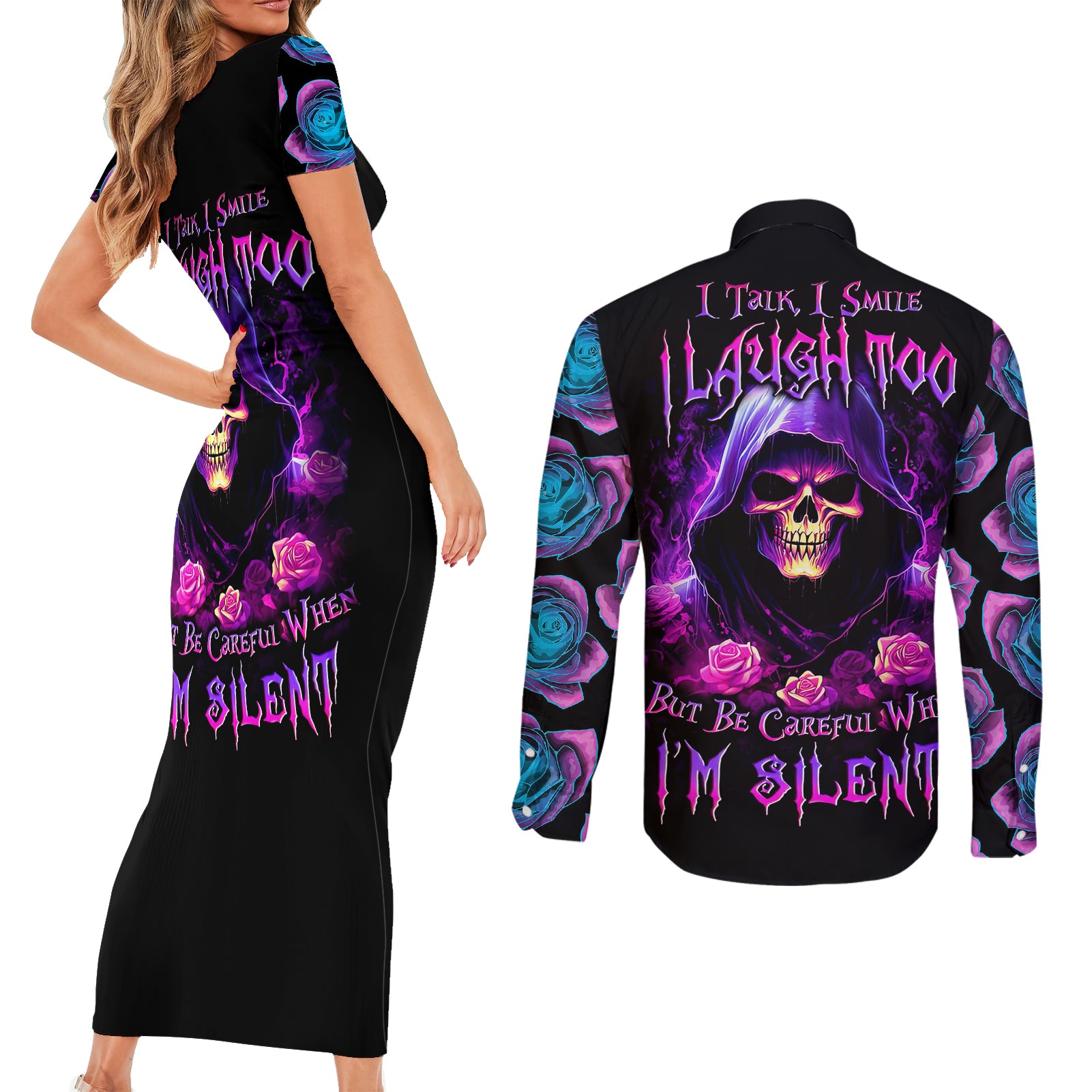 purple-skull-couples-matching-short-sleeve-bodycon-dress-and-long-sleeve-button-shirts-i-talk-i-smile-but-be-carefull-when-i-silent