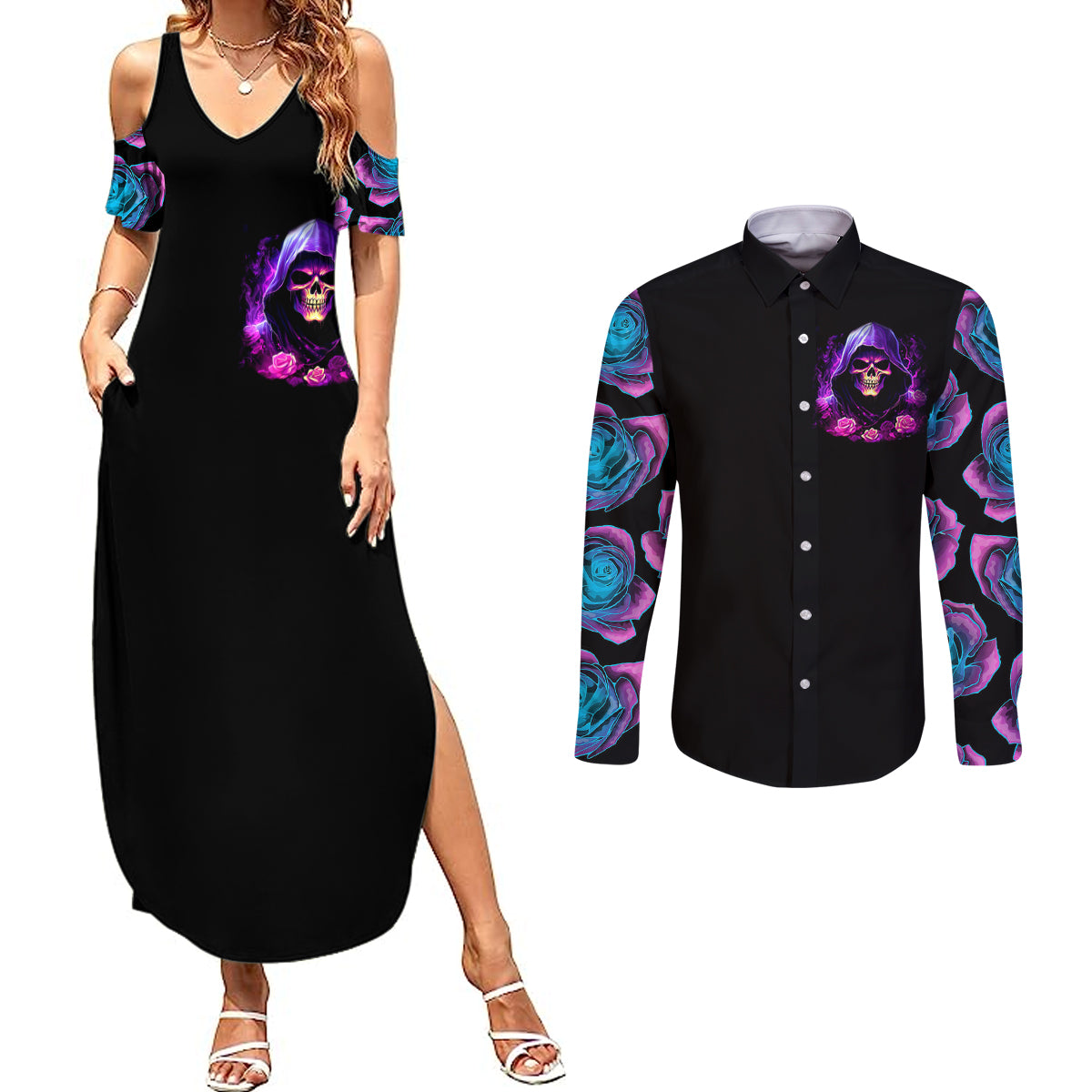 purple-skull-couples-matching-summer-maxi-dress-and-long-sleeve-button-shirts-i-talk-i-smile-but-be-carefull-when-i-silent