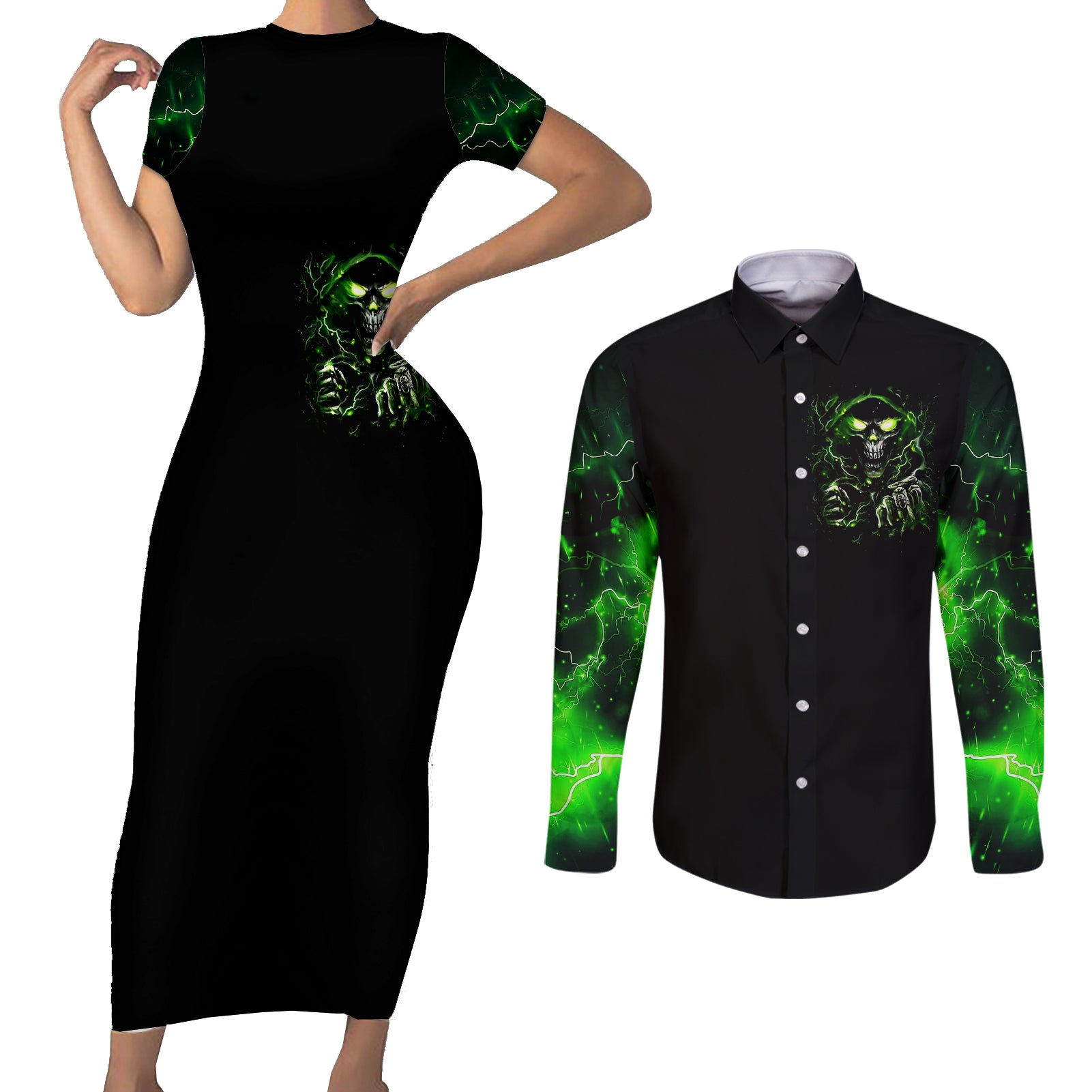 thunder-skull-couples-matching-short-sleeve-bodycon-dress-and-long-sleeve-button-shirts-if-karma-dont-hit-you-trust-me-i-will