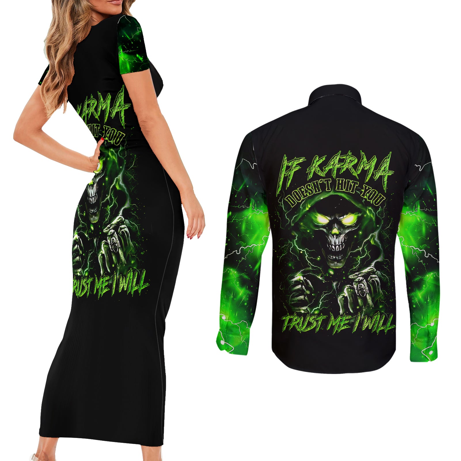 thunder-skull-couples-matching-short-sleeve-bodycon-dress-and-long-sleeve-button-shirts-if-karma-dont-hit-you-trust-me-i-will
