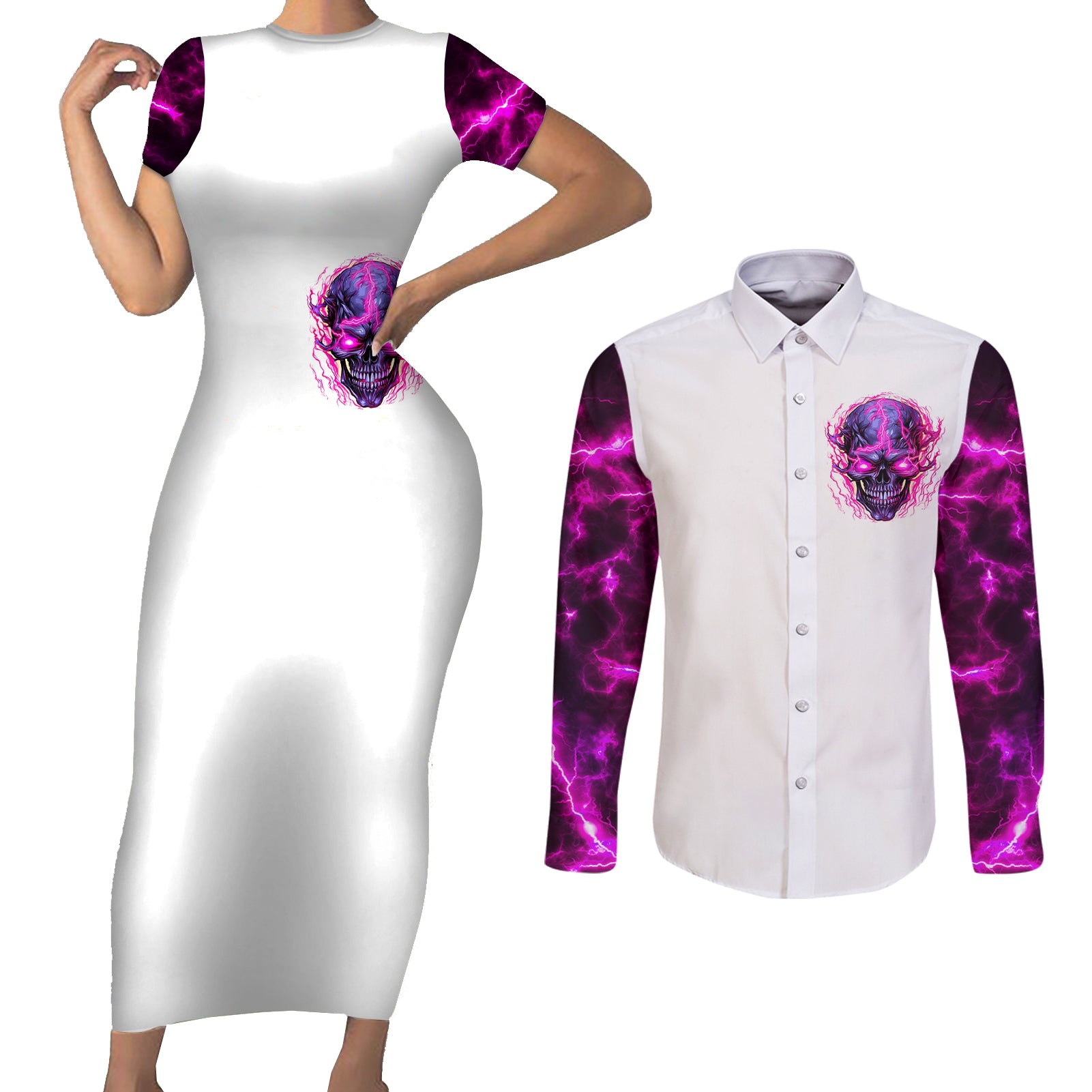 lighting-skull-couples-matching-short-sleeve-bodycon-dress-and-long-sleeve-button-shirts-im-a-grumpy-old-lady-dont-ask-stupid