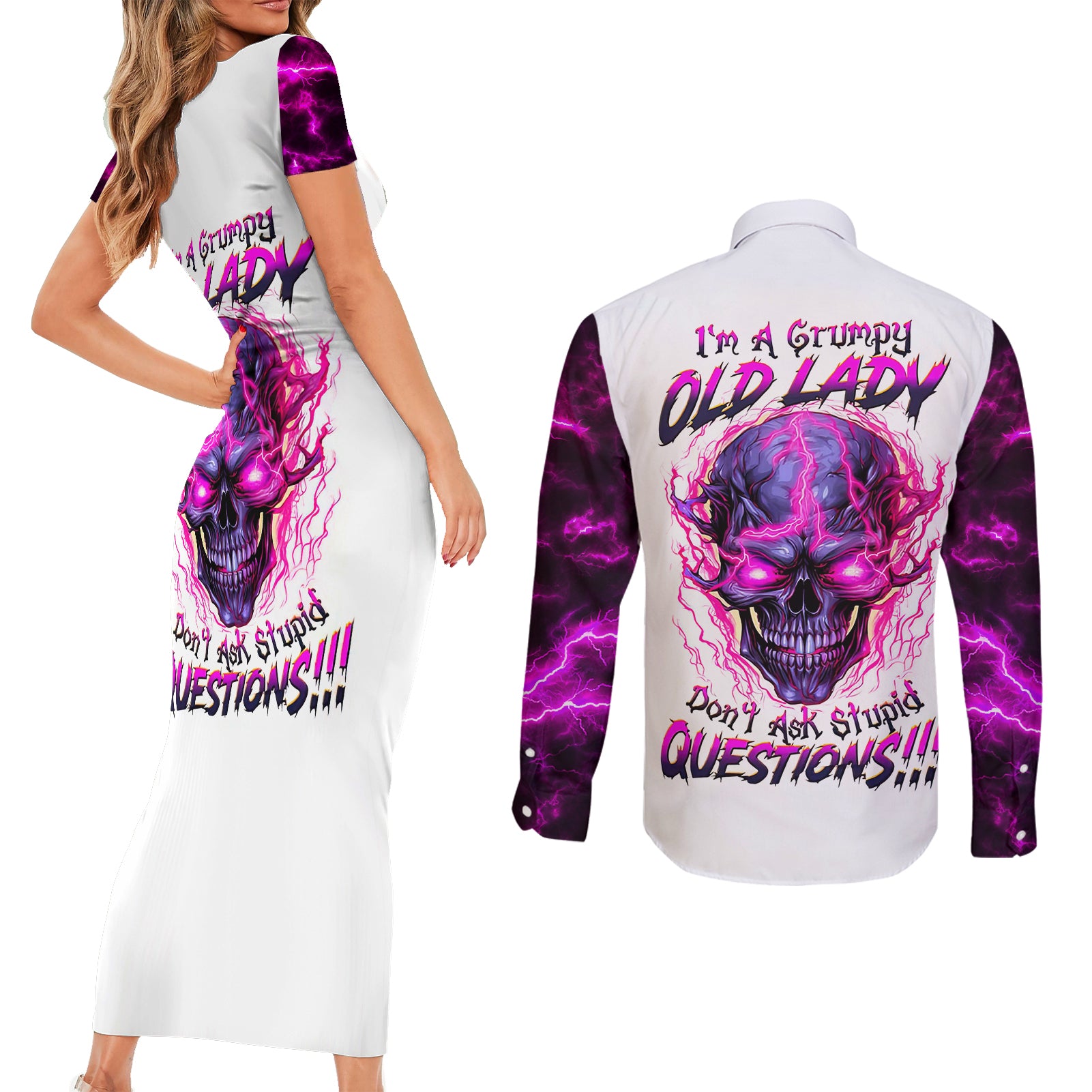 lighting-skull-couples-matching-short-sleeve-bodycon-dress-and-long-sleeve-button-shirts-im-a-grumpy-old-lady-dont-ask-stupid