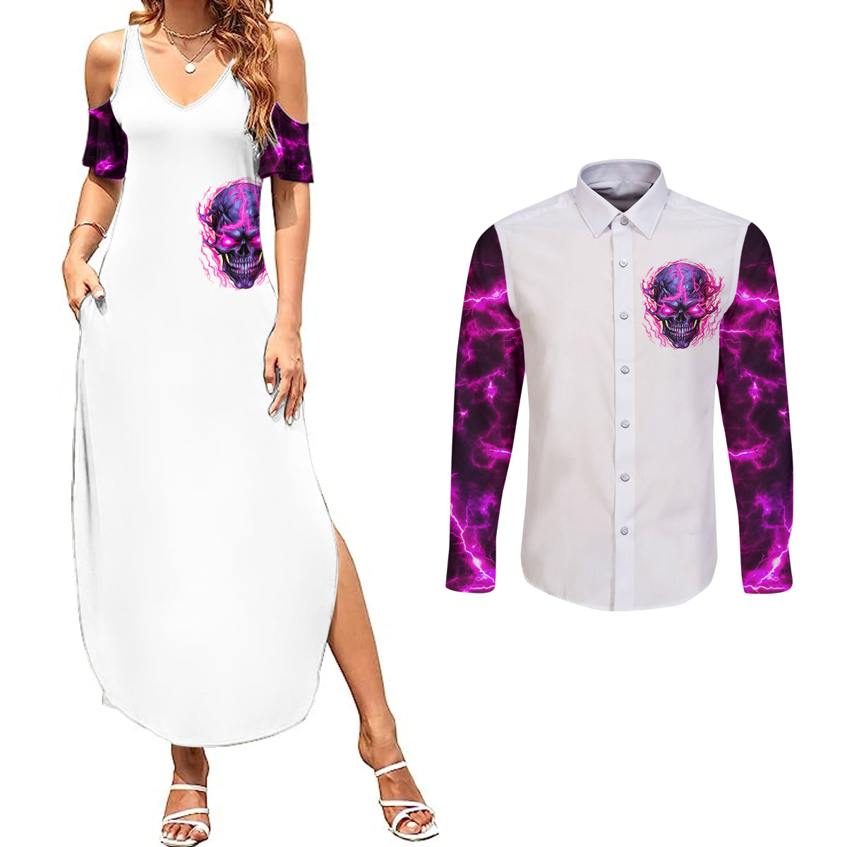 lighting-skull-couples-matching-summer-maxi-dress-and-long-sleeve-button-shirts-im-a-grumpy-old-lady-dont-ask-stupid