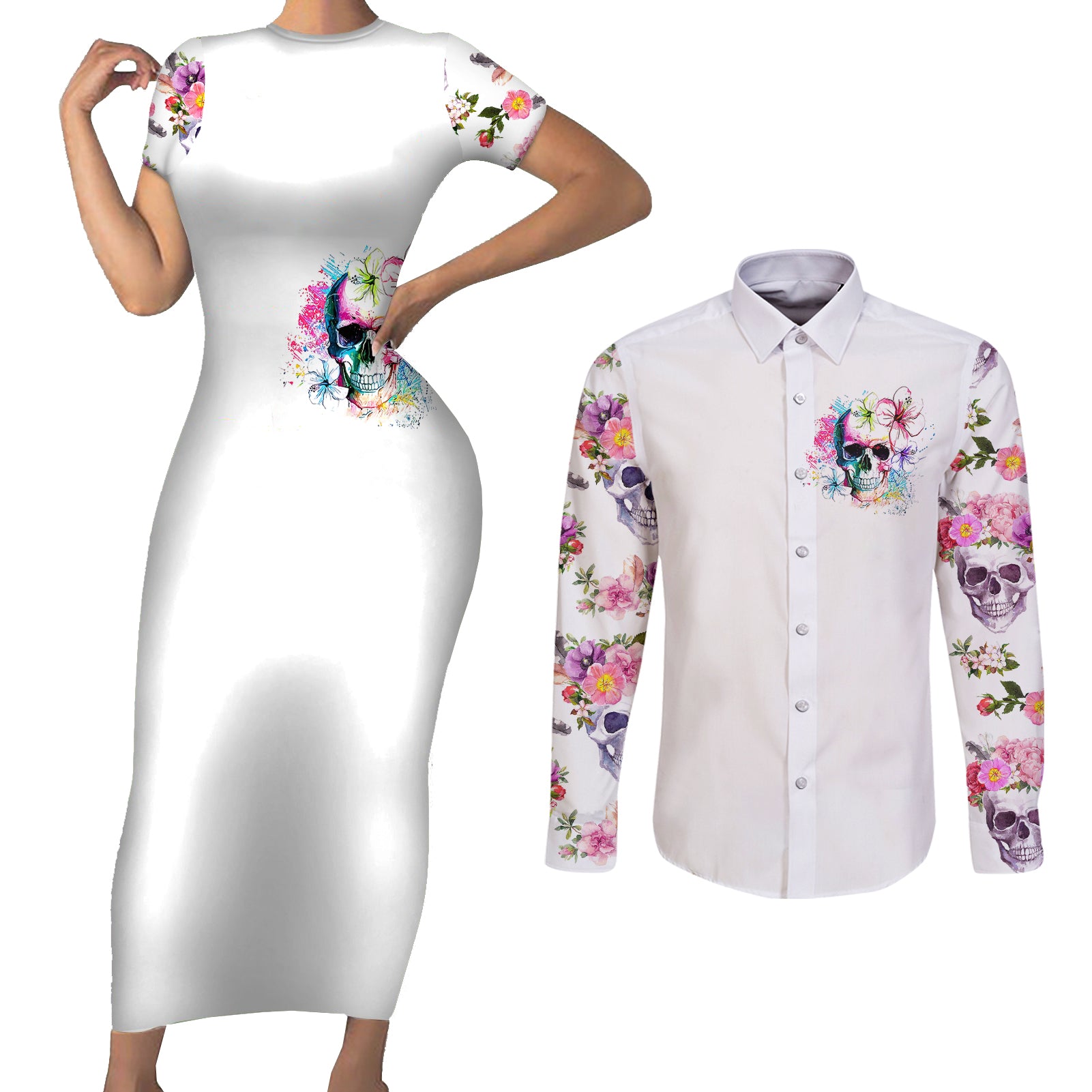 watercolor-skull-couples-matching-short-sleeve-bodycon-dress-and-long-sleeve-button-shirts-yes-im-bitch-but-not-your