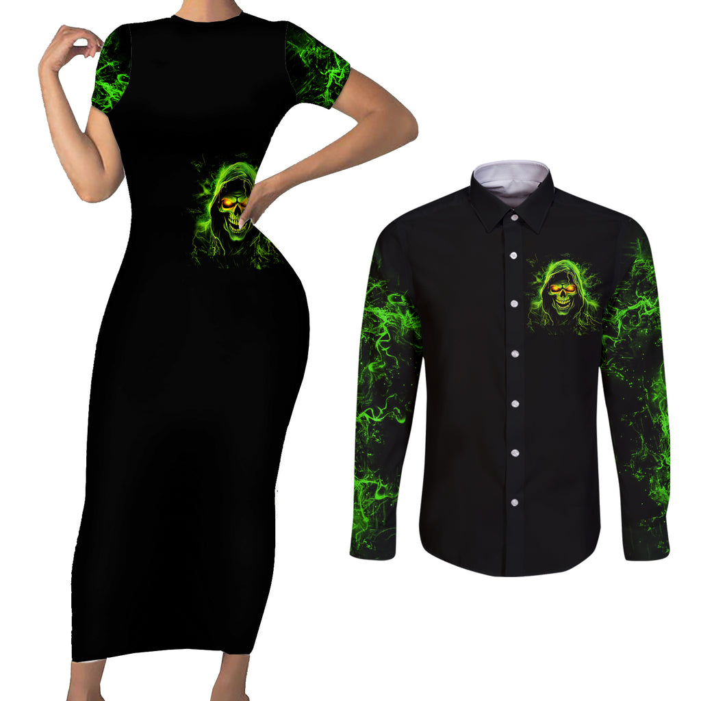 thunder-skull-couples-matching-short-sleeve-bodycon-dress-and-long-sleeve-button-shirts-satan-still-has-a-restrainning-order-against-me