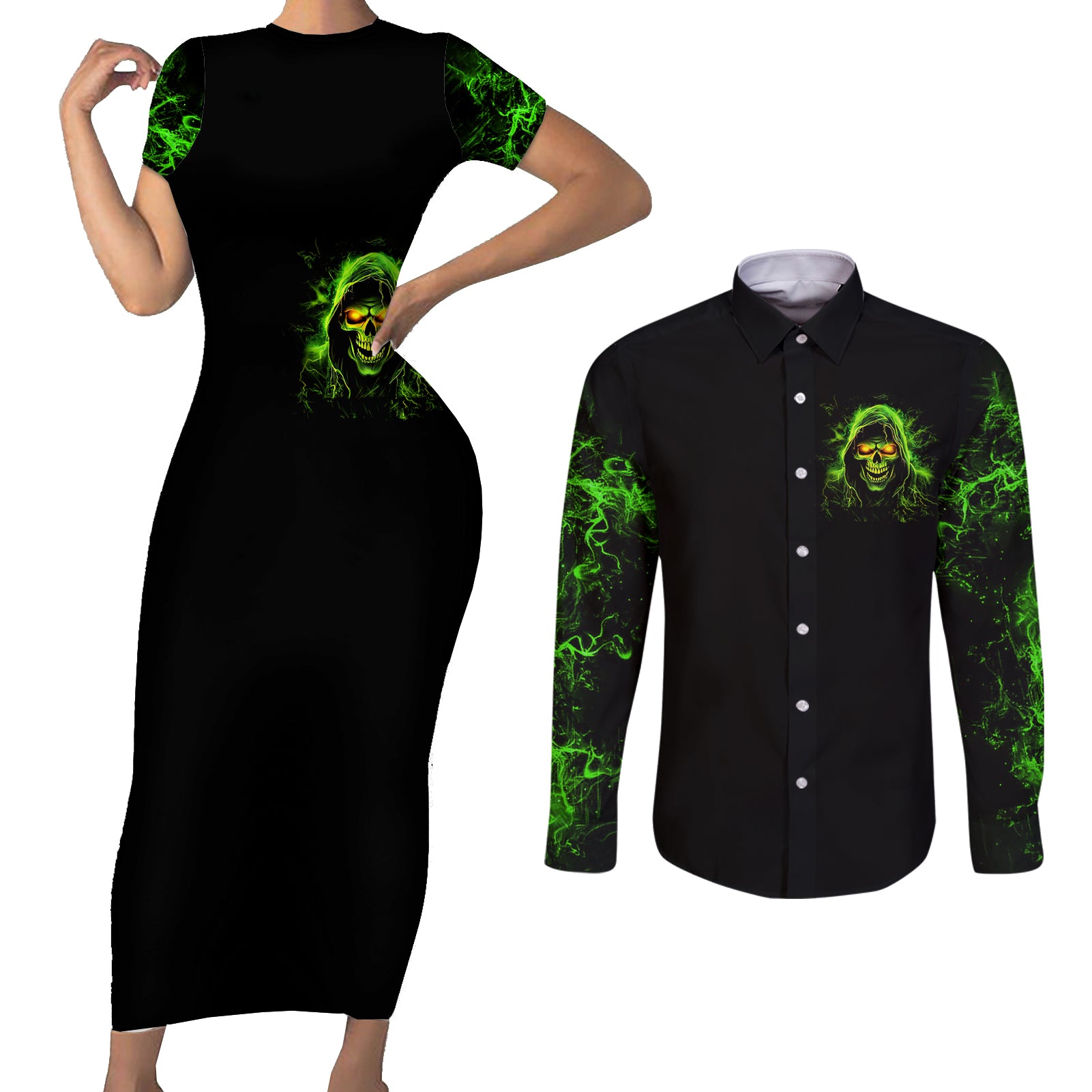 thunder-skull-couples-matching-short-sleeve-bodycon-dress-and-long-sleeve-button-shirts-satan-still-has-a-restrainning-order-against-me