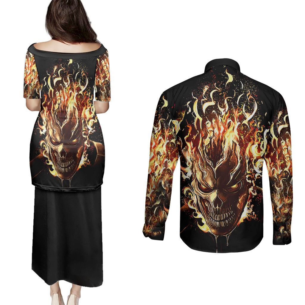 fire-skull-couples-matching-puletasi-dress-and-long-sleeve-button-shirts-flame-skull-ride-or-die