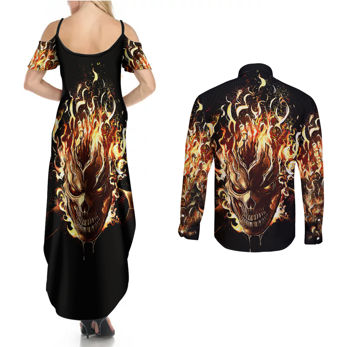 fire-skull-couples-matching-summer-maxi-dress-and-long-sleeve-button-shirts-flame-skull-ride-or-die