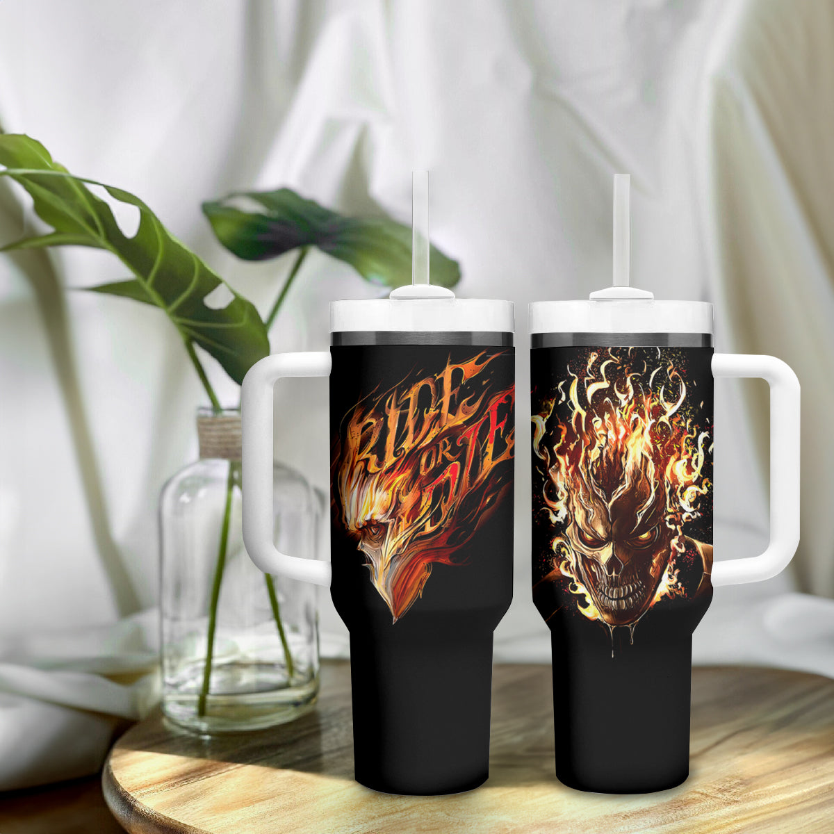 Fire Skull Tumbler With Handle Flame SKull Ride Or Die